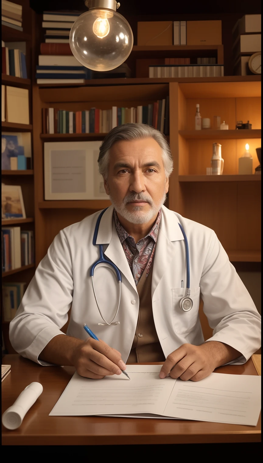Homem de jaleco sentado em uma mesa com um papel, olhando para frente, without glasses, medic, (medic), medic, Male physician, with a stethoscope, Medicine, Directed by: Federico Zuccari, still image from tv series, Ernst Haeckel e artgerm, the doctor, Alexandre Abdulov, ( ( Emma Lindstrom ) )