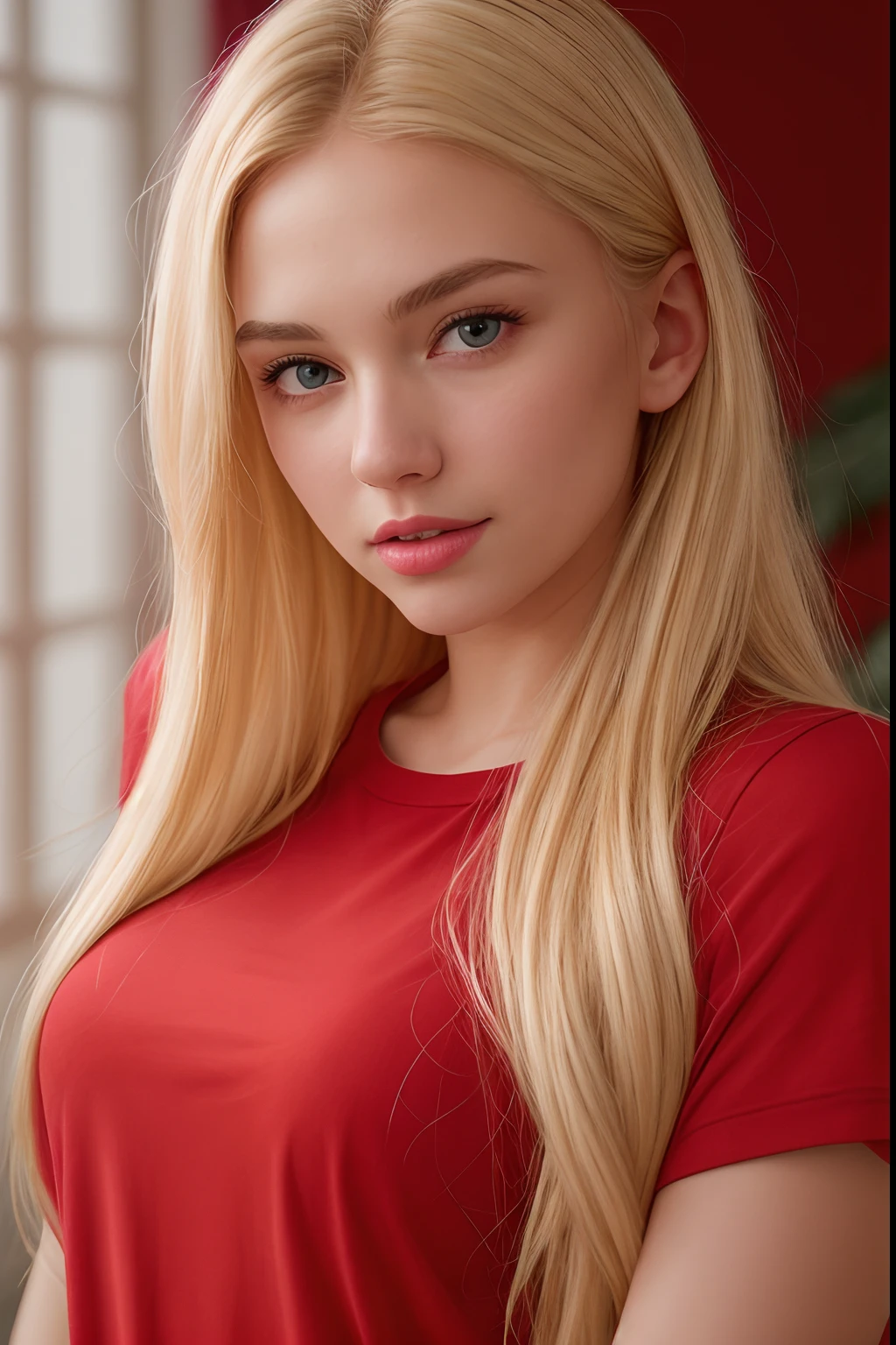 RAW photo, portrait of a beautiful blonde woman wearing a red shirt (high detailed skin:1.2), 8k uhd, dslr, soft lighting, high quality, film grain, Fujifilm XT3, ((((hands)))