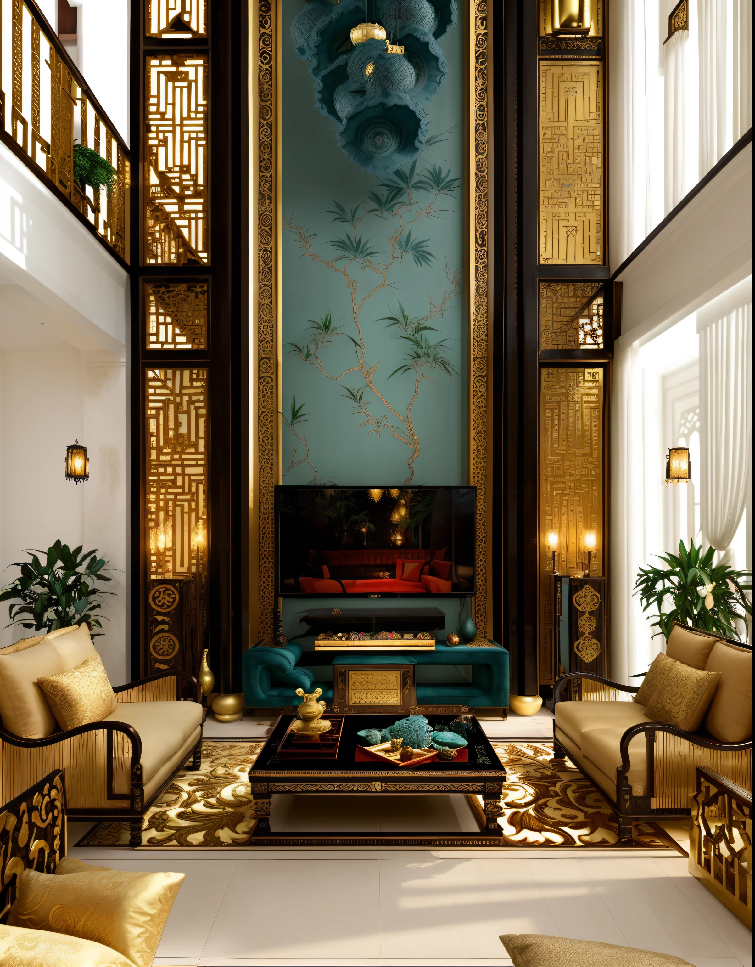 Please generate an exquisite and highly detailed image of an Indochine-style multi-story villa living room. The room should feature luxurious black wood furniture, prominently displayed wall art or stone cladding with standout patterns, elegant LED and chandelier lighting, an impressive deep teal velvet or silk sofa, and harmonious wall paint and curtain colors that enhance the interior. Additionally, include a TV mounted on the wall. Emphasize the richness of the Indochine style, with intricate details on the dark wood furniture, the grandeur of the chandelier lighting, and the overall opulent ambiance of the space. Create an image that exudes opulence, comfort, and a perfect harmony of elements, making it a standout representation of the Indochine aesthetic