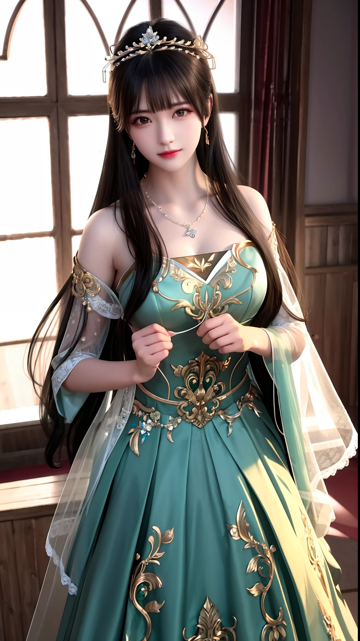 best quality, masterpiece, highres, 1girl, china wedding dress, dark green dress highlight, hair ornament, necklace, jewelry, Beautiful face,upon body, tyndall effect, photorealistic, dark studio, rim lighting, two tone lighting, (high detailed skin:1.2), 8k uhd, dslr, soft lighting, high quality, volumetric lighting, candid, Photograph, high resolution, attractive pose,