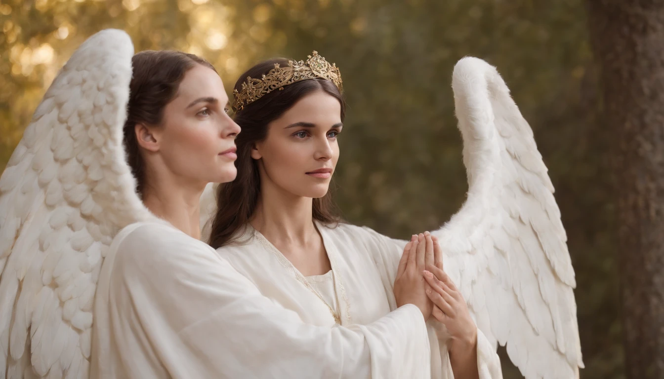 nossa senhora, uma menina jovem, mother of Jesus, along with her is the angel Gabriel in white robes and radiating light.
