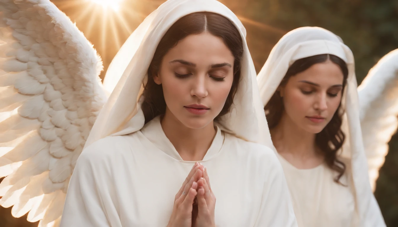 nossa senhora, uma menina jovem, mother of Jesus, along with her is the angel Gabriel in white robes and radiating light.