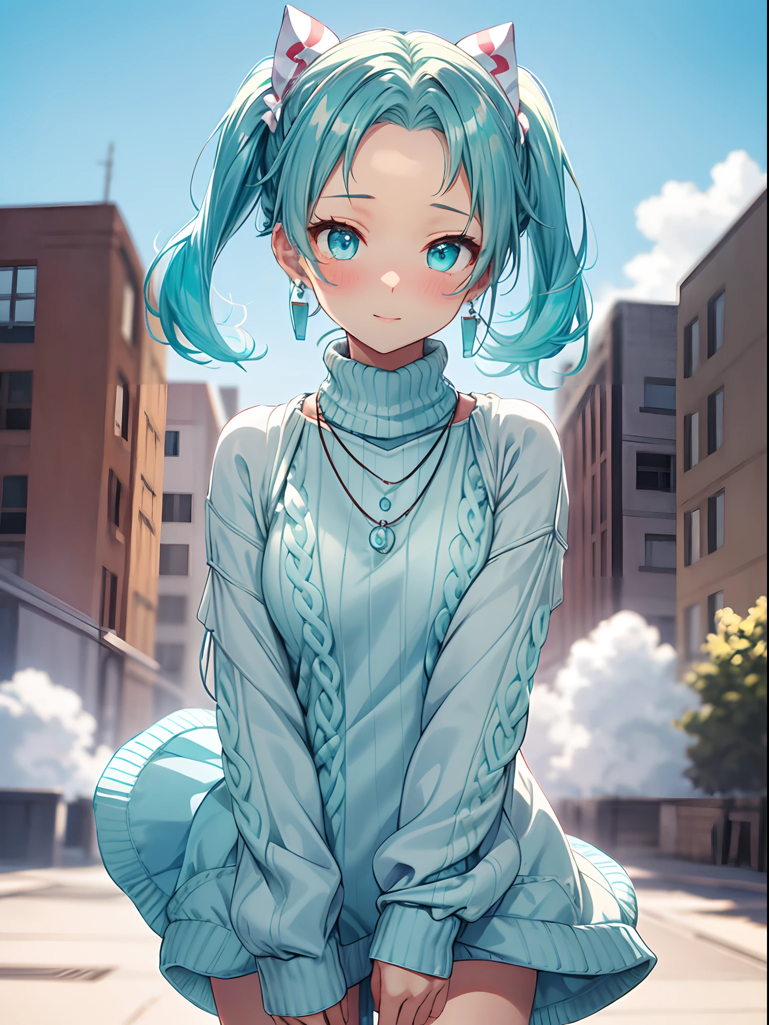 absurderes, ultra-detailliert,bright colour, extremely beautiful detailed anime face and eyes, view straight on, ;D, shiny_skin,25 years old, Short hair, (forehead:1.3), Blonde hair with short twin tails, Shiny hair, Delicate beautiful face, red blush、(cyan eyes:1.1), White skin, hair clips, earrings, a necklace, (cyan praid sweater dress:1.5), Beautiful cloud, Dusk sky,