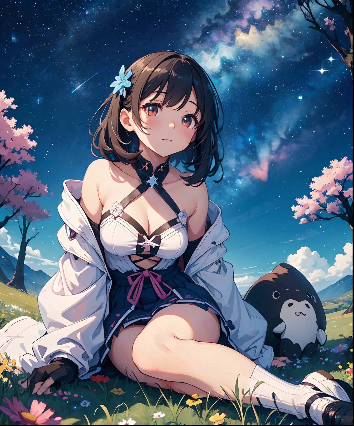 Describe a scene where a cute girl character is lying on a grassy hill, Looking up at the starry sky. Surround her with colorful nebulae and her favorite constellations.