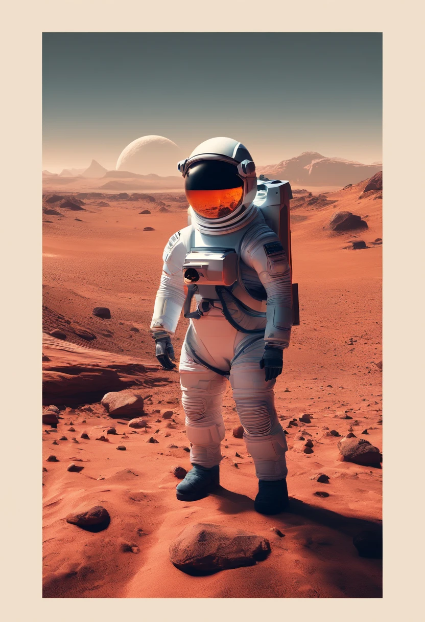 (best quality,4k,8k,highres,masterpiece:1.2),ultra-detailed,(realistic,photorealistic,photo-realistic:1.37),landscape,astronaut,astronaut's helmet,red and rocky terrain,orange Martian sky,crimson sunset,cratered landscape,curved horizon,distant mountains,dust storms on the horizon,star-filled sky,surface of Mars,spacesuit,worn and dusty spacesuit,dust particles floating in the air,shiny visor reflecting the Martian landscape,firm grip on the rover's steering wheel,solar panels reflecting sunlight,silhouette of the rover in the distance,scientific equipment scattered on the ground,footprints on the red soil,flags planted in the ground,spacecraft visible in the sky,exploration rover,robotic arm collecting soil samples,rover's tracks leading into the distance,loneliness and isolation,adventurous spirit,feeling of awe and wonder,warm and gentle breeze,profound silence, vastness of the Martian landscape,peace and tranquility,stillness of the scene,touch of nostalgia,extraterrestrial exploration,sense of anticipation,unexplored territory,unseen landscapes,deep sense of curiosity,limits of human existence,universe's mysteries,interstellar travel.