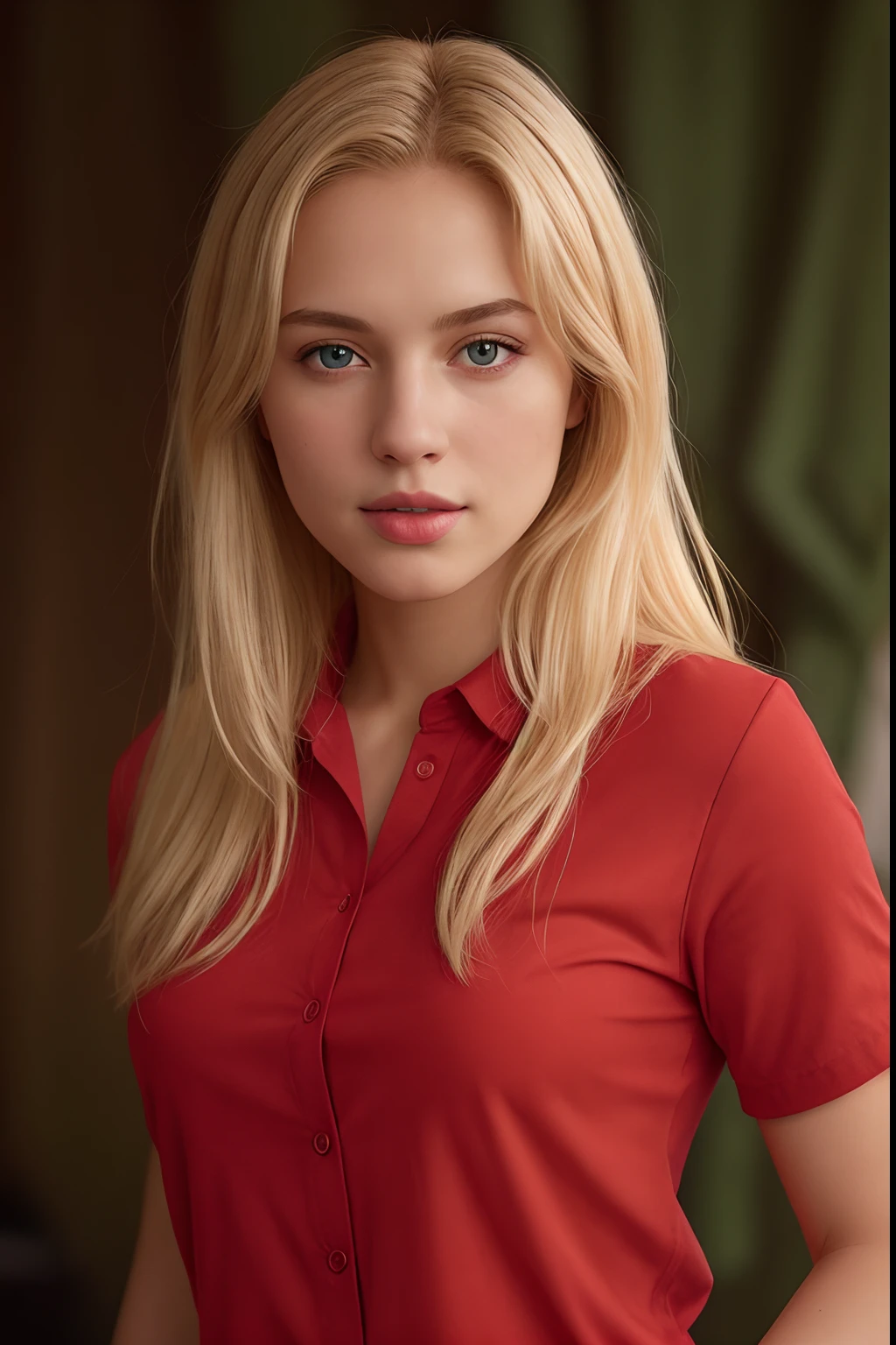 RAW photo, portrait of a beautiful blonde woman wearing a red shirt (high detailed skin:1.2), 8k uhd, dslr, soft lighting, high quality, film grain, Fujifilm XT3, ((((full body shot, hands)))