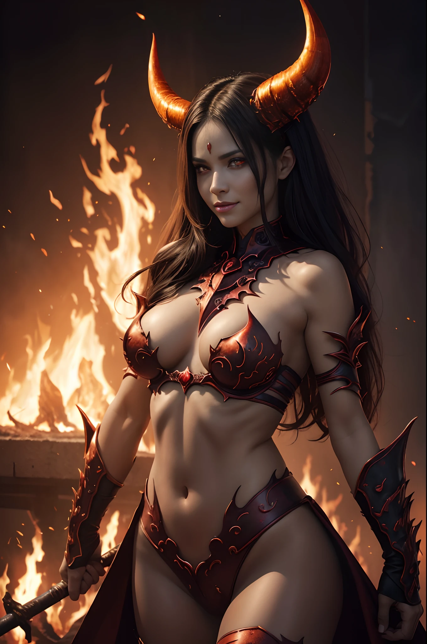 Beautiful mature female demon, horns, tail, cruel smile, red skin, sexy fetish armor, wreathed in fire, (fiery eyes:1.2), temptation, taking your soul, hellscape background, tortured souls, hordes of hell in the distance, (masterpiece), (photorealistic:1.4), RAW photo, best quality, high res, rich colors, backlight, bright sunlight, cinematic lighting, film grain, raw photo, 50mm lens, Nikon D850, warm colors