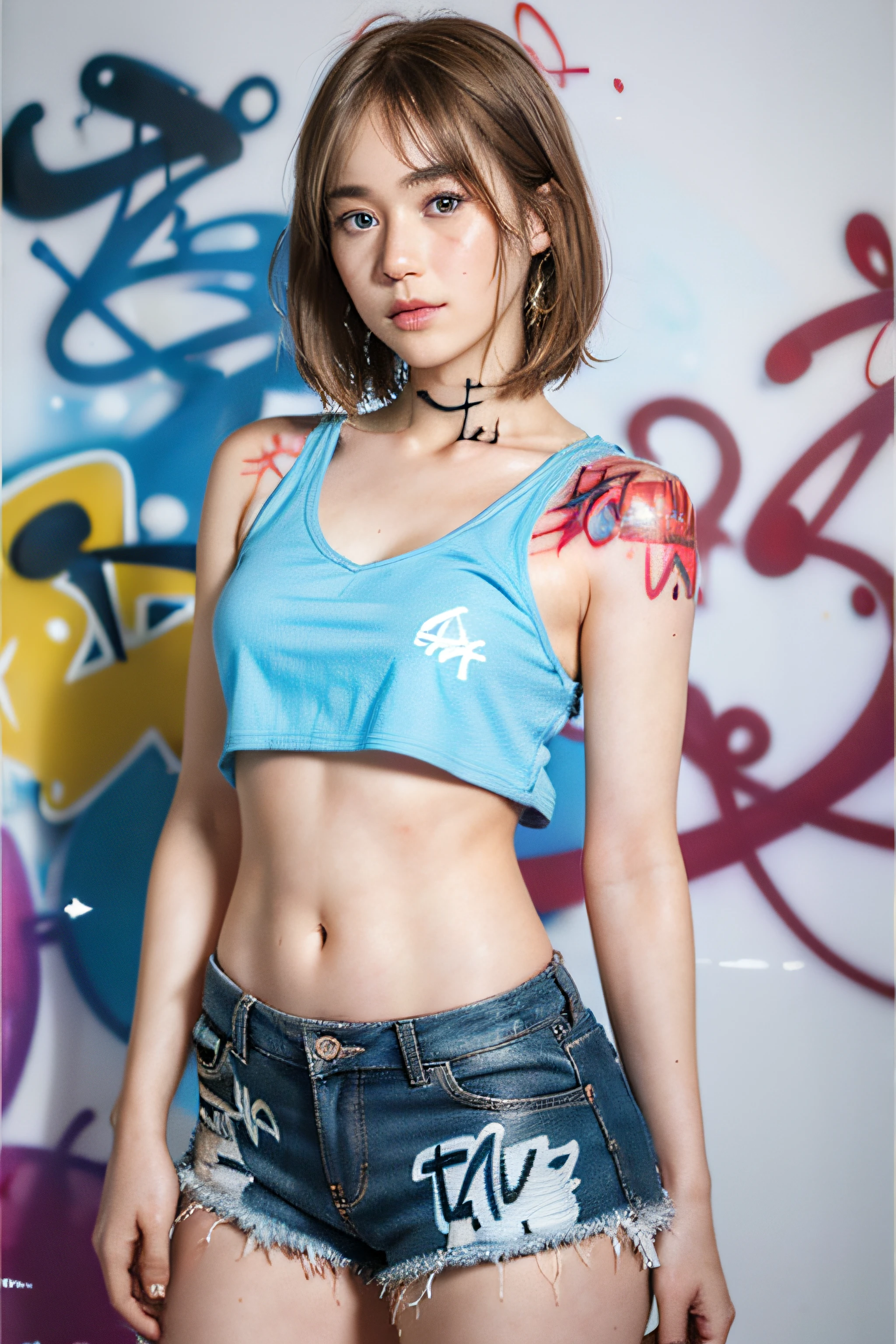 raw photo, 8k, (top-quality), Realistic, (real picture, Intricate details), (natural skin texture, detailed skin, hyper realism, sharpness), (Japanese age girl standing in a dirty back alley at night, graffitied wall:1.3, hand on head, armpits exposed), ((white tight tank top, Distressed denim pants, low rise baggy pants)), (((flat chest:1.5))) , (pale skin), ((shorthair, short bangs)), (glasses, seductive face, Parted lips:1.3), thigh, graffiti:1.5, trash can, night time, spot lighting:1.3, Full body shot