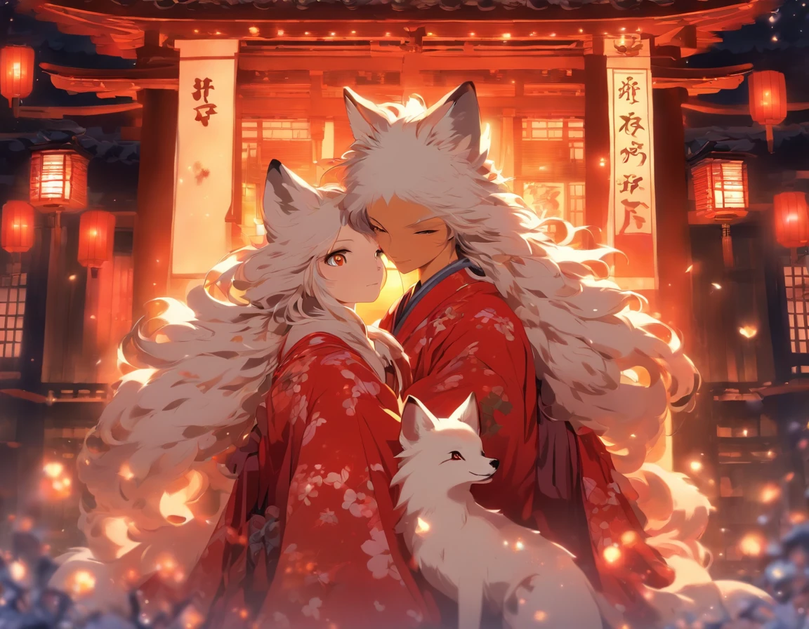 A white, divine fox with nine tails and a shrine maiden are nestled together in front of the main shrine building, illuminated by moonlight. They have beautiful faces and brightly colored shining eyes. They wear white and crimson miko outfits. The fox's white fur shines faintly in the moonlight. Detailed drawing. Vivid colors. High image quality. --s 1000 --ar 4:5 --niji 5