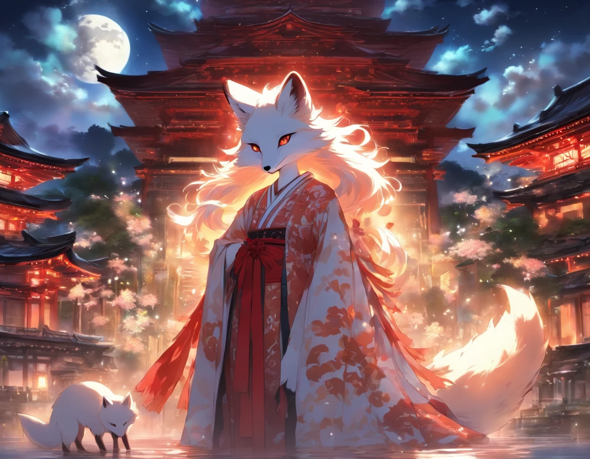A white, divine fox with nine tails and a shrine maiden are nestled together in front of the main shrine building, illuminated by moonlight. They have beautiful faces and brightly colored shining eyes. They wear white and crimson miko outfits. The fox's white fur shines faintly in the moonlight. Detailed drawing. Vivid colors. High image quality. --s 1000 --ar 4:5 --niji 5