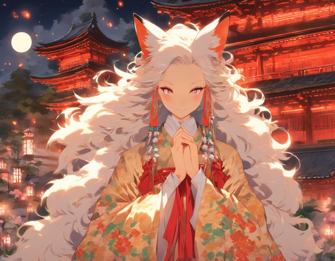 A white, divine fox with nine tails and a shrine maiden are nestled together in front of the main shrine building, illuminated by moonlight. They have beautiful faces and brightly colored shining eyes. They wear white and crimson miko outfits. The fox's white fur shines faintly in the moonlight. Detailed drawing. Vivid colors. High image quality. --s 1000 --ar 4:5 --niji 5