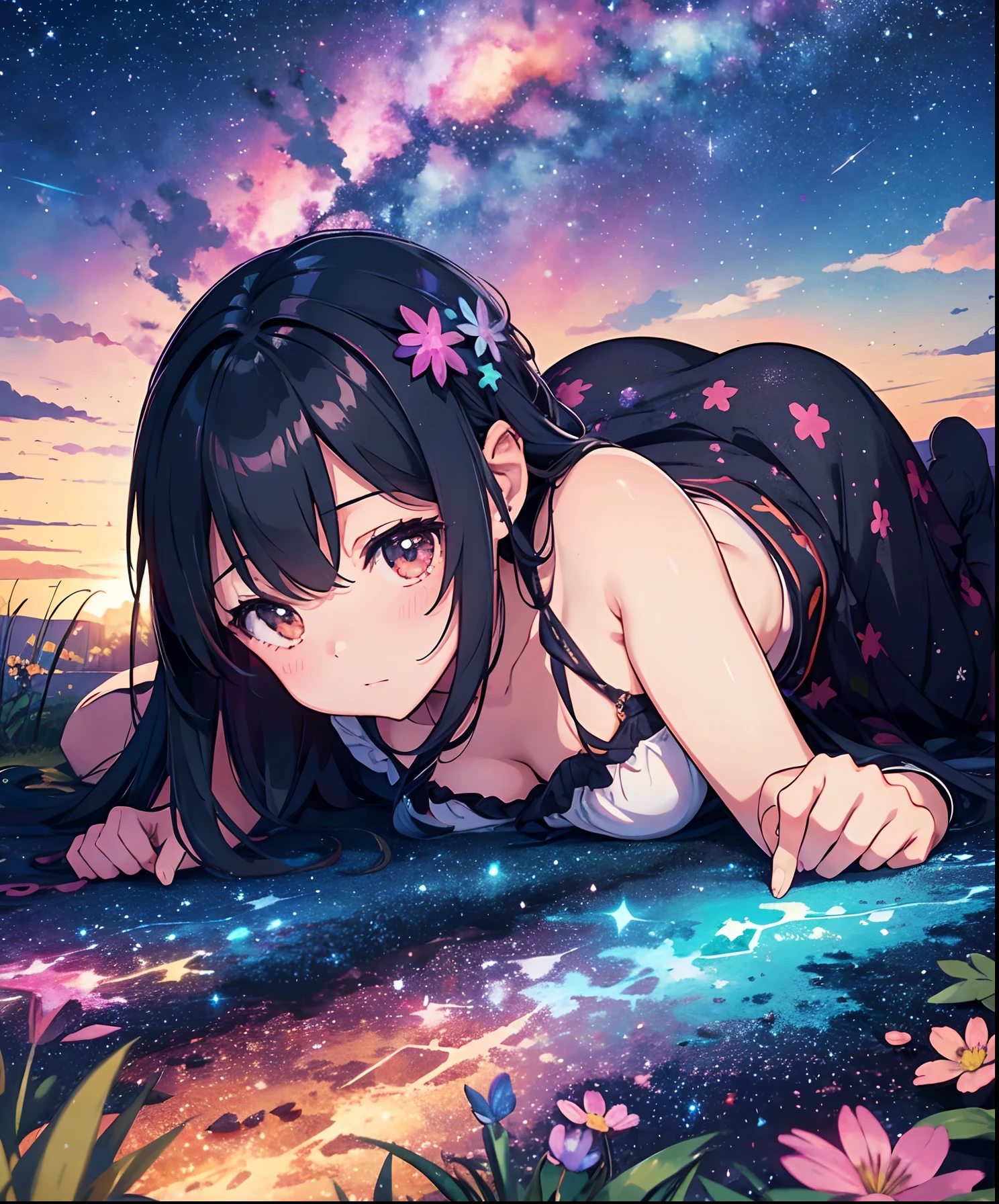 Describe a scene where a cute girl character is lying on a grassy hill, Looking up at the starry sky. Surround her with colorful nebulae and her favorite constellations.