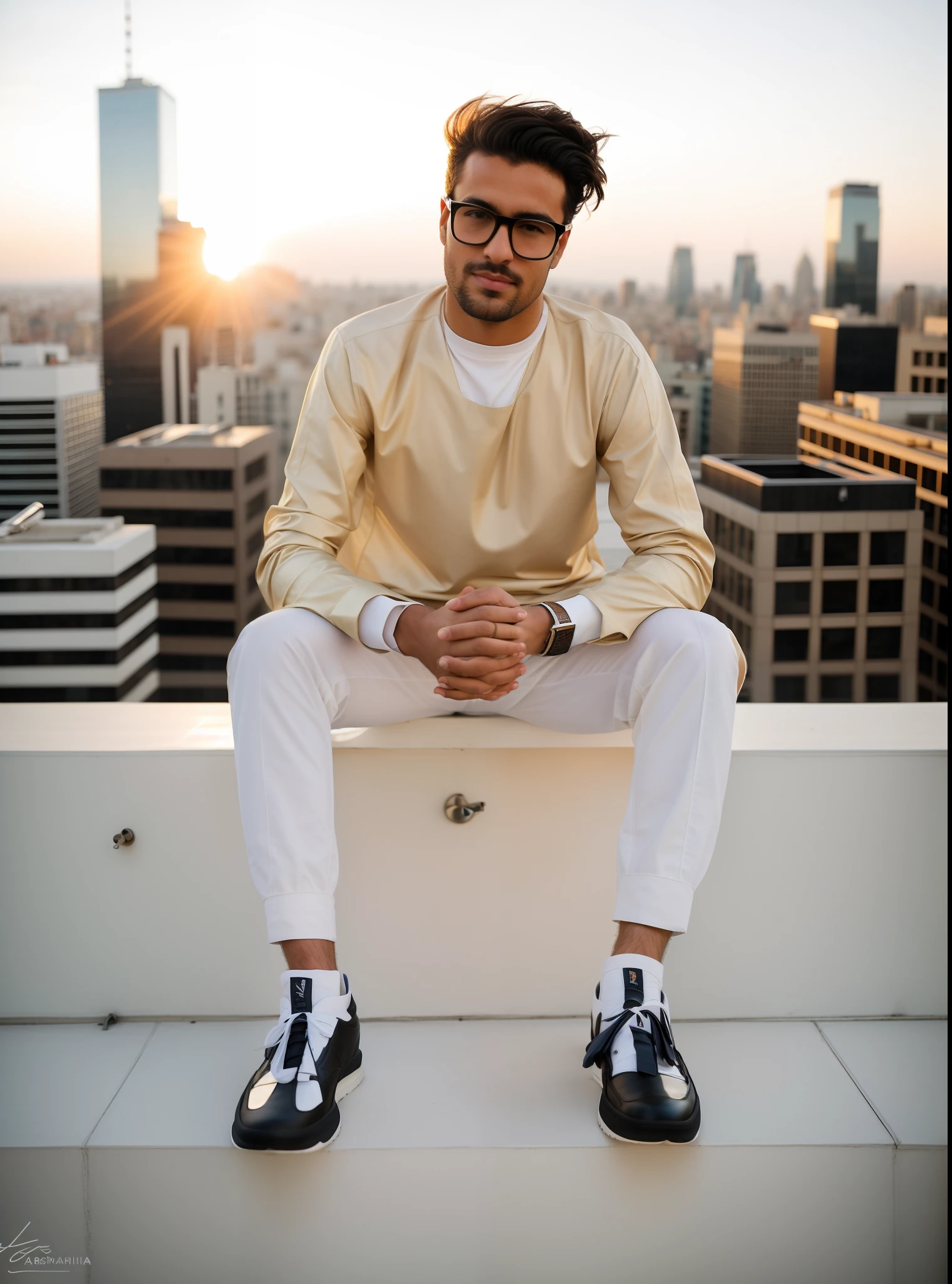 araffe sitting on a ledge with his feet crossed and his hands crossed, mid shot portrait, standing on rooftop, sits on a rooftop, high quality portrait, sitting on a skyscraper rooftop, raphael personnaz, on rooftop, standing on a rooftop, casually dressed, wearing off - white style, taken with canon eos 5 d mark iv, portrait shot 8 k