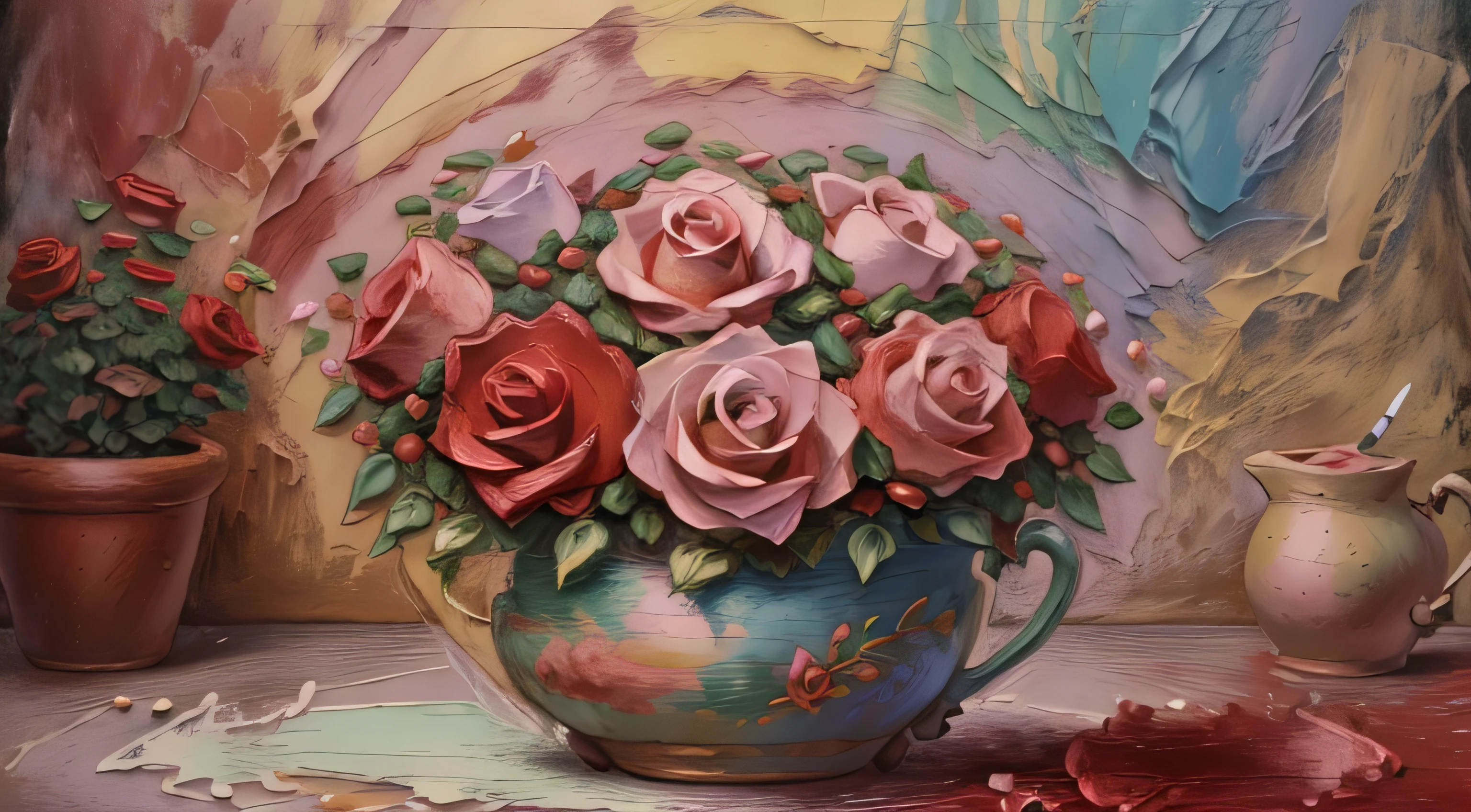 thick impasto painting of Red Roses in the flower pot, ((rough pastel stroke, palet knight effect))), hyper HD,in a panoramic view, detailed brush stroke.
