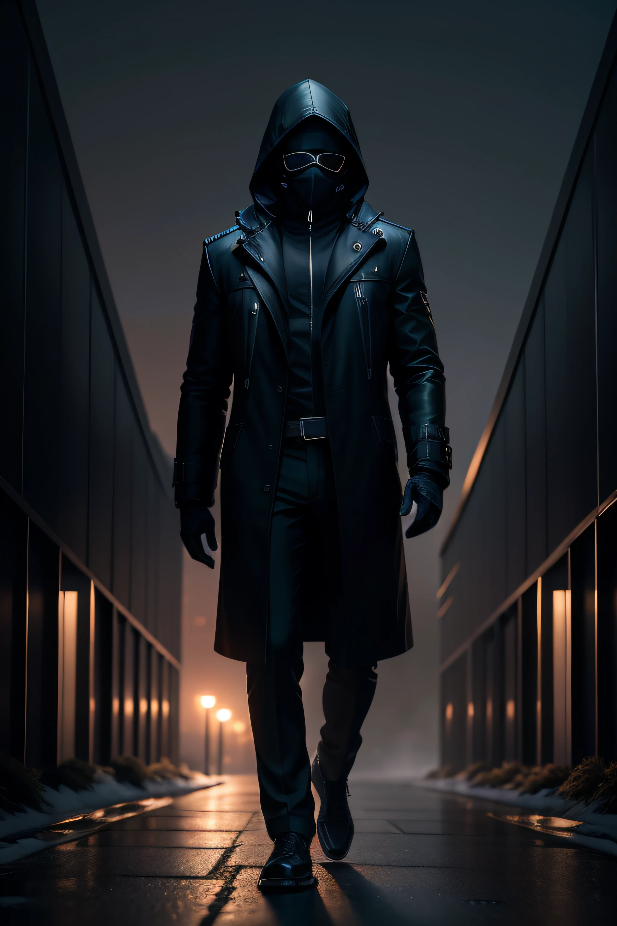 8k image quality, masterpiece, ultra clean image quality, super rich details, silhouette of a cold man in the dark, hooded, harsh features, sunshades and mask on the face, nobody else, facing camera, full body, picture in picture, illuminated night city background, frame from ground level