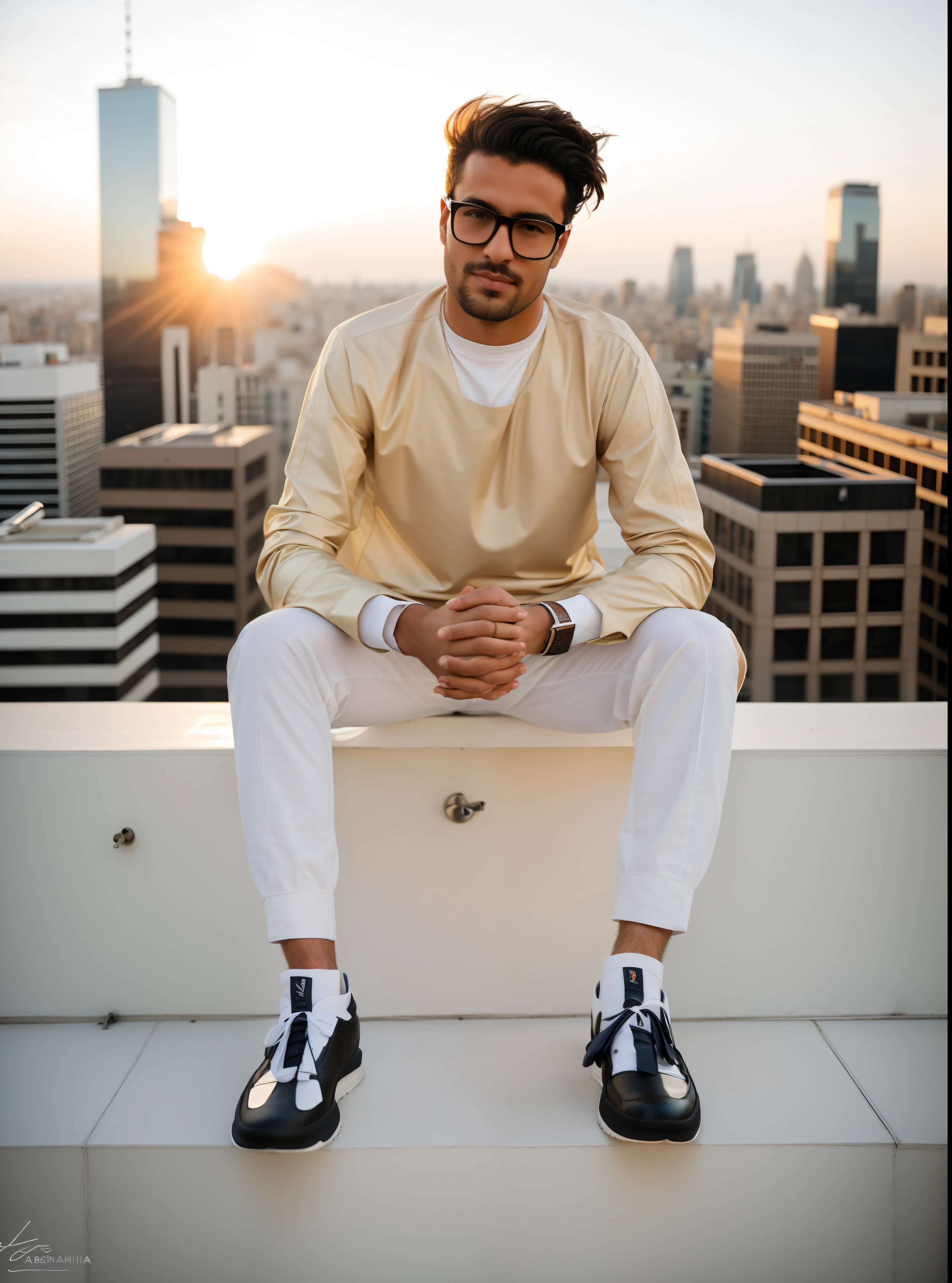 araffe sitting on a ledge with his feet crossed and his hands crossed, mid shot portrait, standing on rooftop, sits on a rooftop, high quality portrait, sitting on a skyscraper rooftop, raphael personnaz, on rooftop, standing on a rooftop, casually dressed, wearing off - white style, taken with canon eos 5 d mark iv, portrait shot 8 k
