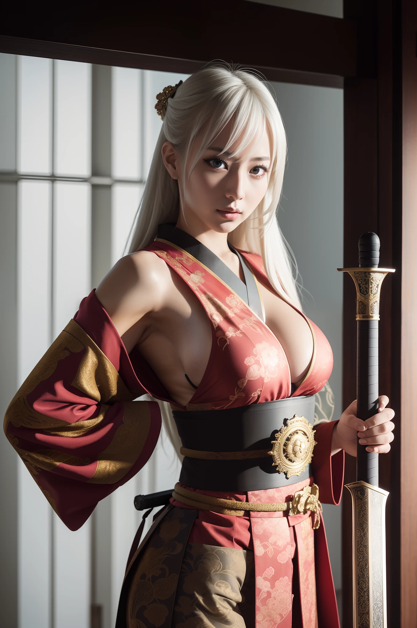 arafed woman in a costume holding a sword and a sword, she is holding a katana sword, very beautiful cyberpunk samurai, female samurai, wearing kimono armor, ornate korean polearm behind her, she is holding a sword, holding a sword on her shoulder, wearing kimono armour, dressed in samurai armour, portrait shot, samurai outfit, ornate cosplay, sexy look, big breast, sexy pose, show breast, light white hair