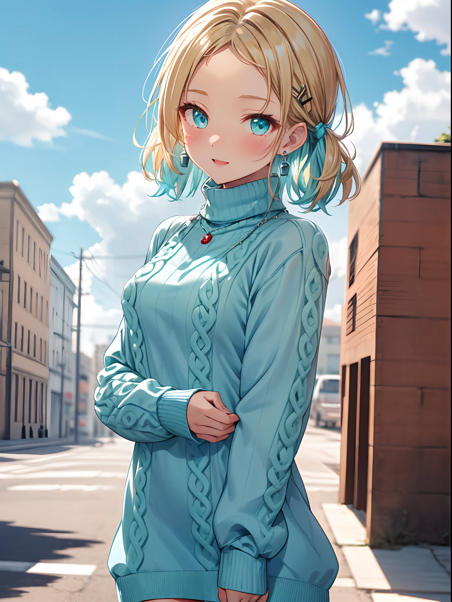 absurderes, ultra-detailliert,bright colour, extremely beautiful detailed anime face and eyes, view straight on, ;D, shiny_skin,25 years old, Short hair, (forehead:1.3), Blonde hair with short twin tails, Shiny hair, Delicate beautiful face, red blush、(cyan eyes:1.1), White skin, hair clips, earrings, a necklace, (cyan praid sweater dress:1.5), Beautiful cloud, Dusk sky,