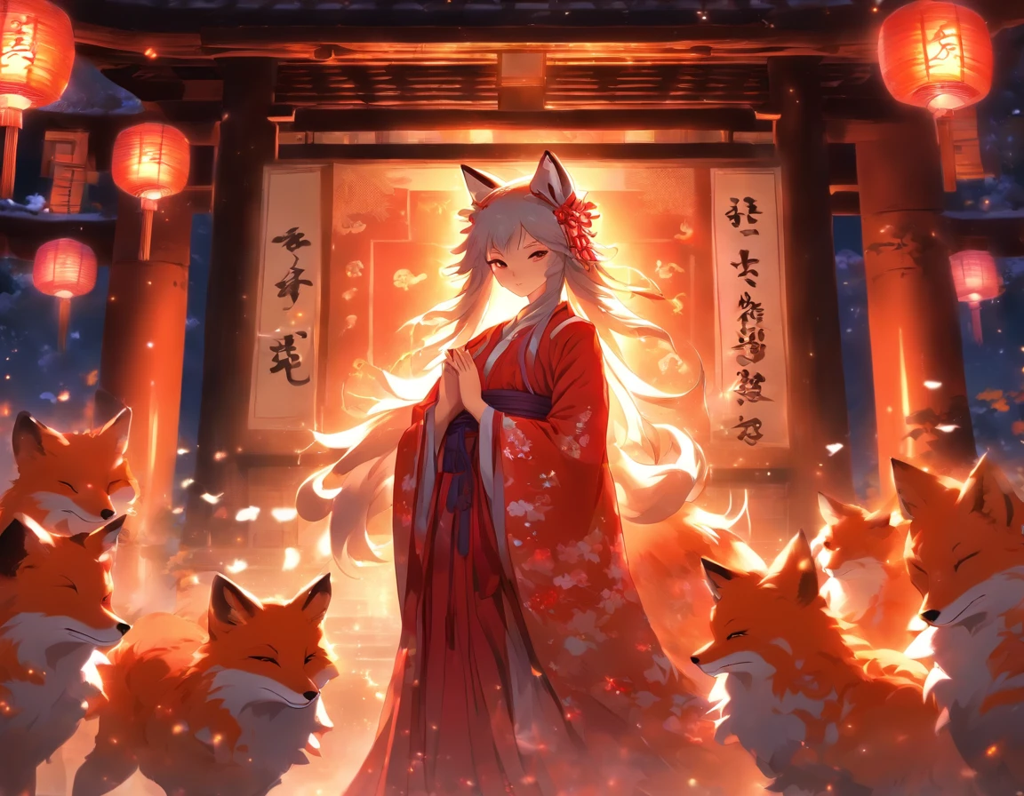 (masterpiece:1.1),(best quality:1.5),(illustrations:1.1),
(1girl and 1fox),
The girl looks like a shrine maiden and loli,
fox is nine tails,
Big fox behind the girl,
BREAK,
A white, divine fox with nine tails and a shrine maiden are nestled together in front of the main shrine building, illuminated by moonlight. They have beautiful faces and brightly colored shining eyes. They wear white and crimson miko outfits. The fox's white fur shines faintly in the moonlight. Detailed drawing. Vivid colors. High image quality.,