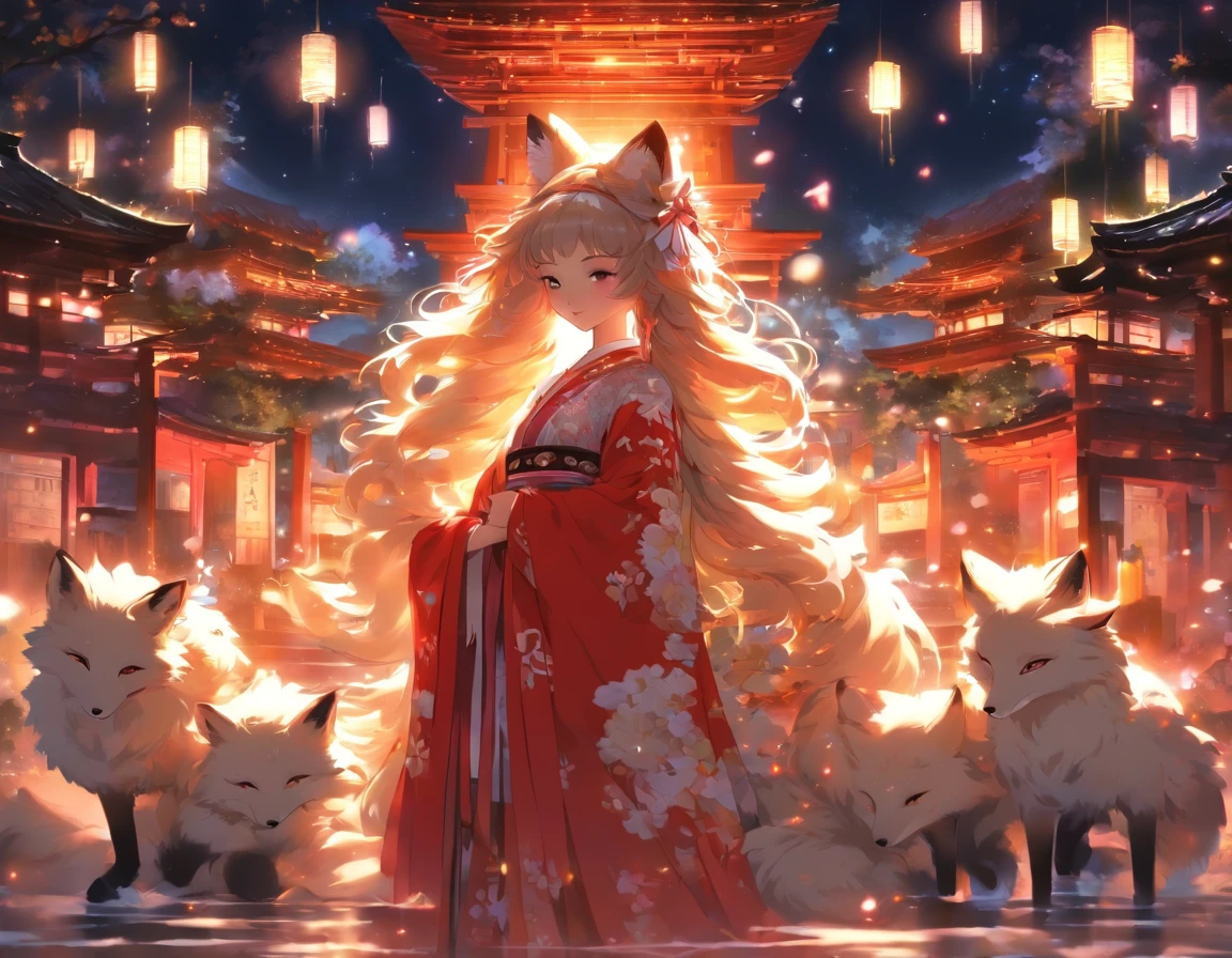 (masterpiece:1.1),(best quality:1.5),(illustrations:1.1),
(1girl and 1fox),
The girl looks like a shrine maiden and loli,
fox is nine tails,
Big fox behind the girl,
BREAK,
A white, divine fox with nine tails and a shrine maiden are nestled together in front of the main shrine building, illuminated by moonlight. They have beautiful faces and brightly colored shining eyes. They wear white and crimson miko outfits. The fox's white fur shines faintly in the moonlight. Detailed drawing. Vivid colors. High image quality.,
