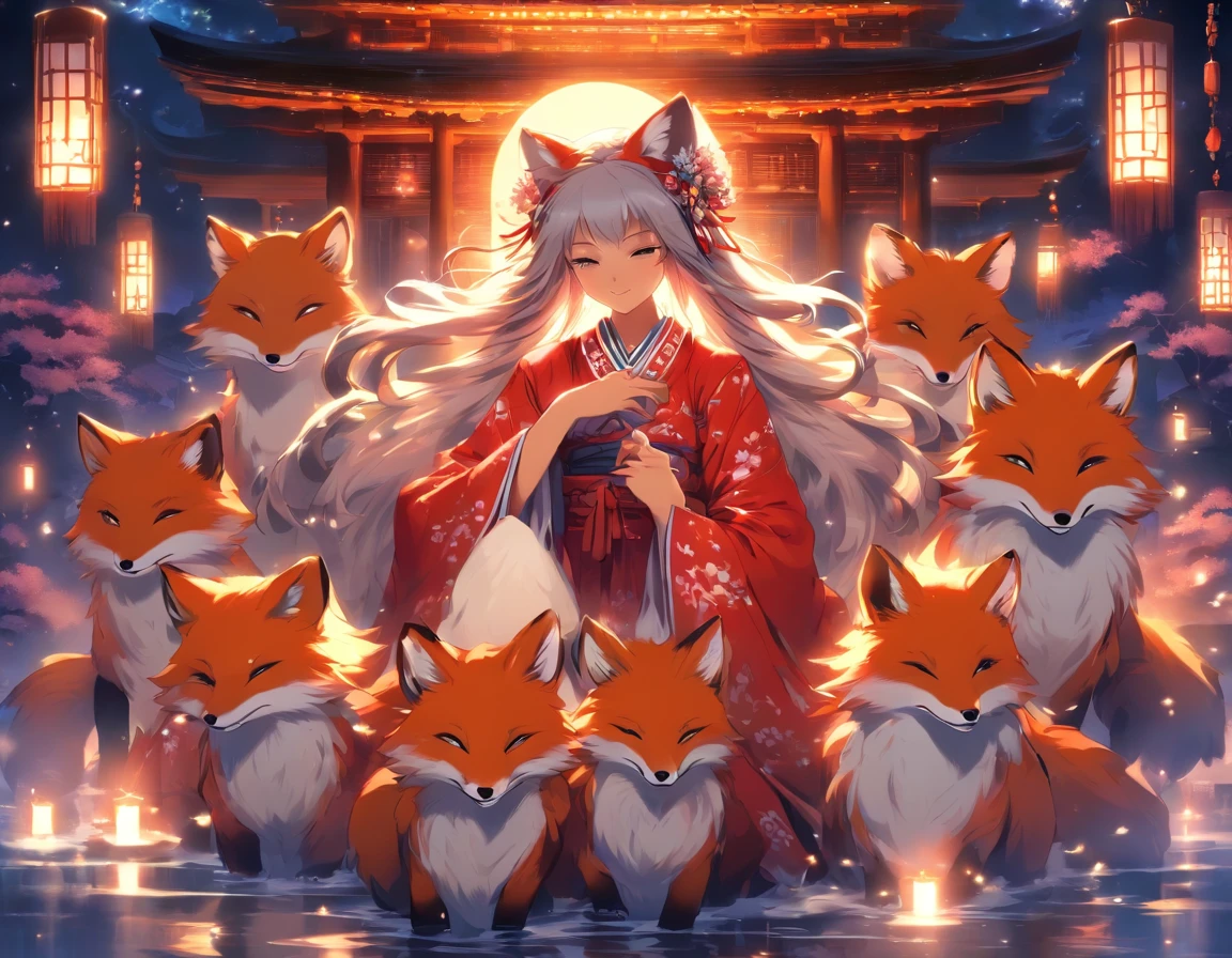 (masterpiece:1.1),(best quality:1.5),(illustrations:1.1),
(1girl and 1fox),
The girl looks like a shrine maiden and loli,
fox is nine tails,
Big fox behind the girl,
BREAK,
A white, divine fox with nine tails and a shrine maiden are nestled together in front of the main shrine building, illuminated by moonlight. They have beautiful faces and brightly colored shining eyes. They wear white and crimson miko outfits. The fox's white fur shines faintly in the moonlight. Detailed drawing. Vivid colors. High image quality.,