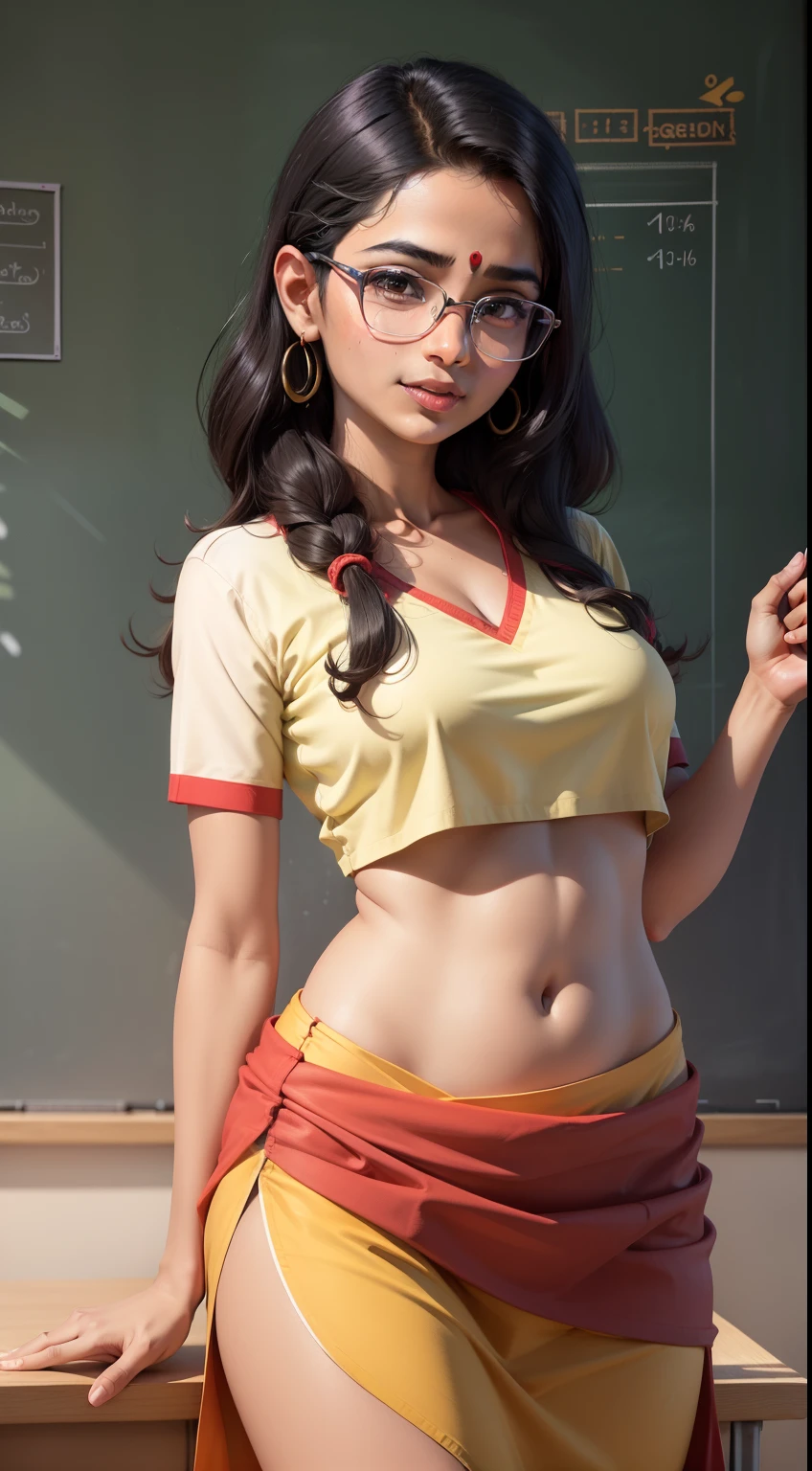 A hot Indian teacher teaching about the body to the kindergarten students,illustration, realistic, vibrant colors, detailed classroom setup, children's joyful expressions, detailed facial features, blackboard with educational diagrams, interactive learning environment, friendly teacher-student interaction, natural lighting, picturesque scene, ethnic diversity, traditional Indian clothing, engaging educational props, joyful atmosphere, high quality (4k, high-res, masterpiece:1.2), ultra-detailed, vivid colors, professional lighting.