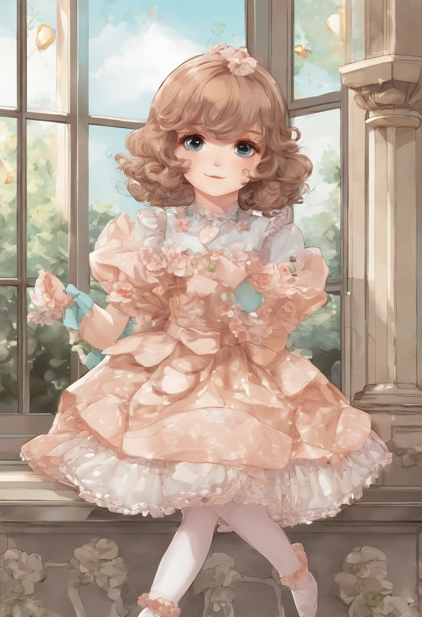 Curly-haired girl sitting in shop window，Wearing a Lolita dress，Delicate face，alice in the wonderland，Lolita style，（tmasterpiece，Best quality）， made with illustrator, Colorful illustration, cute illustration, Cute detailed digital art, adorable digital art, A beautiful artwork illustration, lovely art style, Soft anime illustration, Anime style illustration, cute artwork, cute colorful adorable, Colorful bubbles，balloon，Star jewelry，Light，high detailed official artwork，Beautiful anime art, Anime fantasy illustration，, Soft light,(warm color:1.2),watercolor paiting, Light background, best quality exquisite details,3D rendering of,rendering by octane