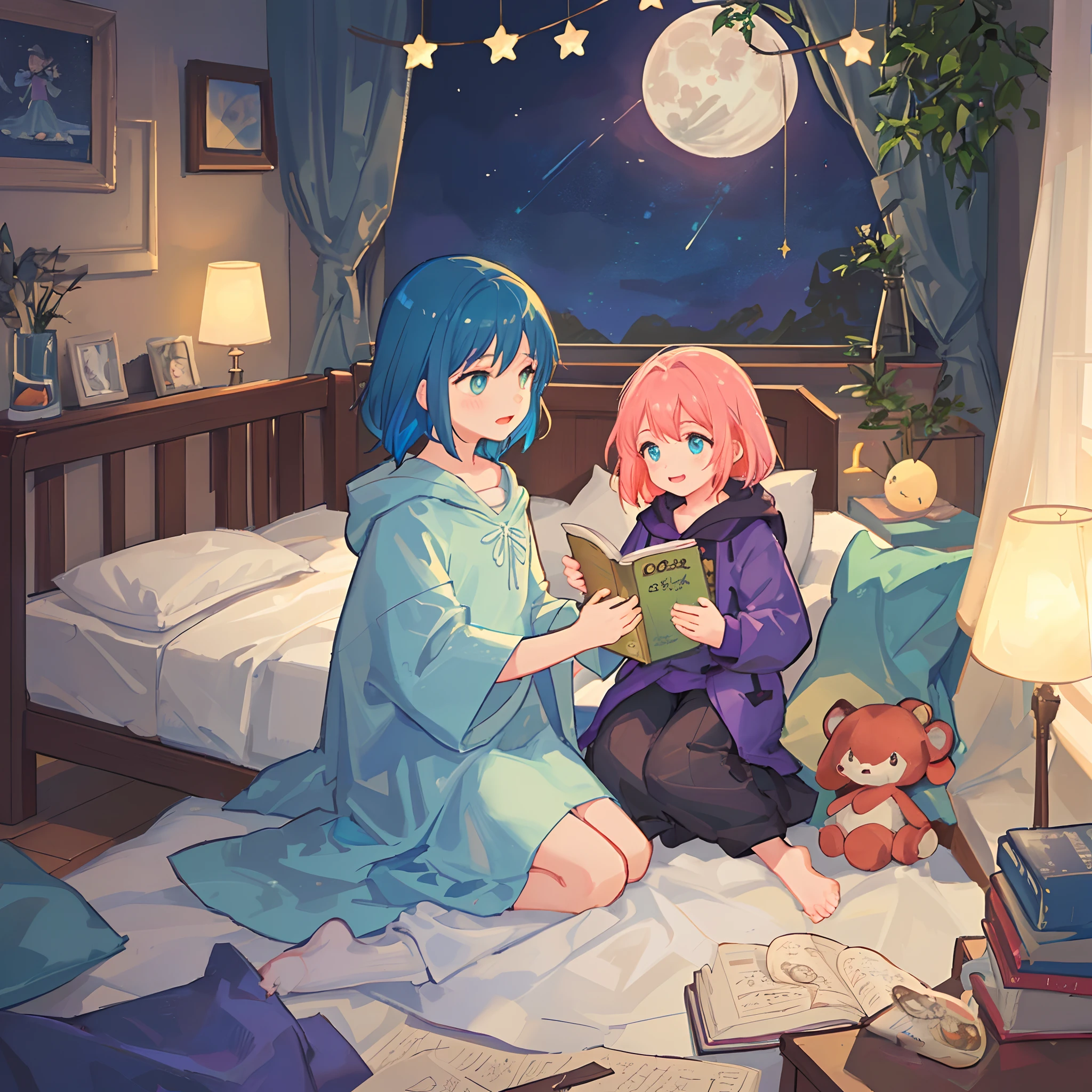 The image showcases a cozy bedroom illuminated by the soft glow of a bedside lamp. A young child, wrapped in a colorful blanket, is nestled comfortably in bed, eagerly listening to a story being read by a loving parent. The parent, sitting on the edge of the bed, holds an open book with beautifully illustrated pages that depict a magical world filled with vibrant colors and whimsical characters. The child's eyes are wide with wonder and excitement as they engage with the story, their imagination coming to life. Stuffed animals and toys are scattered around the room, adding a touch of playfulness and comfort. The room is adorned with dreamy decorations, such as twinkling stars hanging from the ceiling and a moon-shaped nightlight casting a gentle glow. The image captures the warmth and tranquility of a bedtime routine, where the power of storytelling creates a special bond between parent and child, fostering a love for reading and nurturing their dreams.