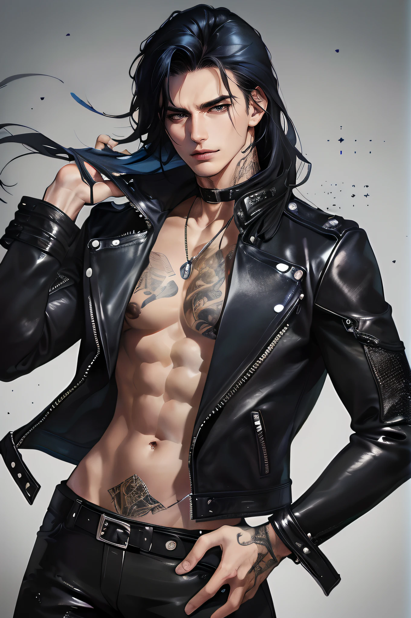 cover for a book, photography of a heavy metal star, a solo man, (((man))), (masculine face), 25 years old, singer, bad boy, (black eyes), expressive look, long dark blue black hair, (((bar background))), straight hair, blueshine hair, unshaven, black leather jacket, long sleve jacket, leather pants, chest tattoo, super detailed face, perfect body, perfect shapes, realistic image, award winning photography, 8k,