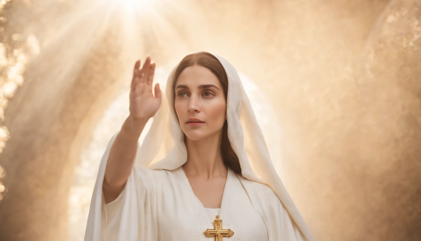 nossa senhora, uma menina jovem, mother of Jesus and the angel gabriel in apparition in white robes surrounded in light