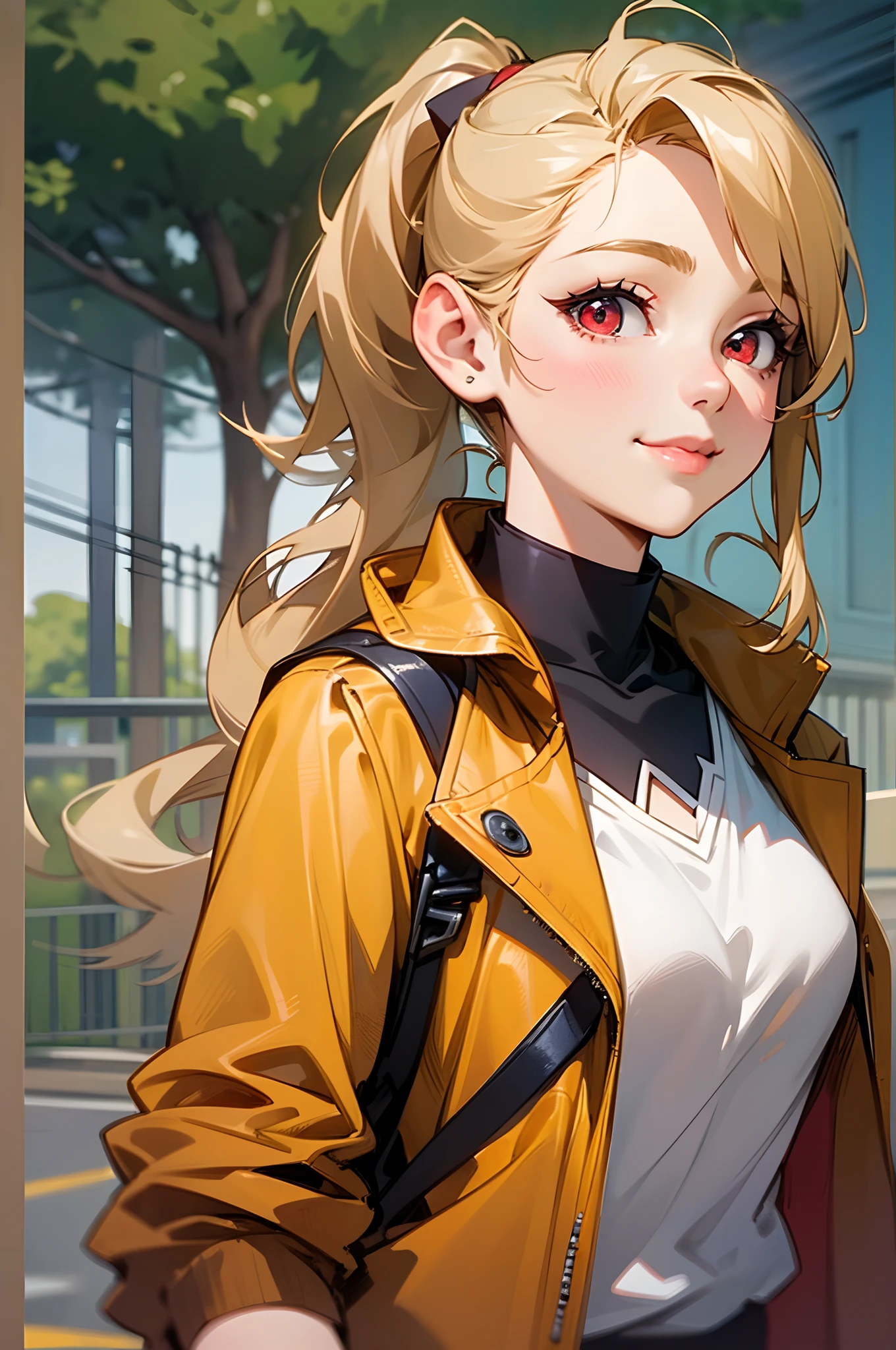 (Best Quality, Ultra-detailed, Realistic), A girl full of vitality、female high-school student、small tits、Rider's jacket、blondehair、Red eyes、poneyTail、gloves、Cheerful smile、Stand in front of a street tree