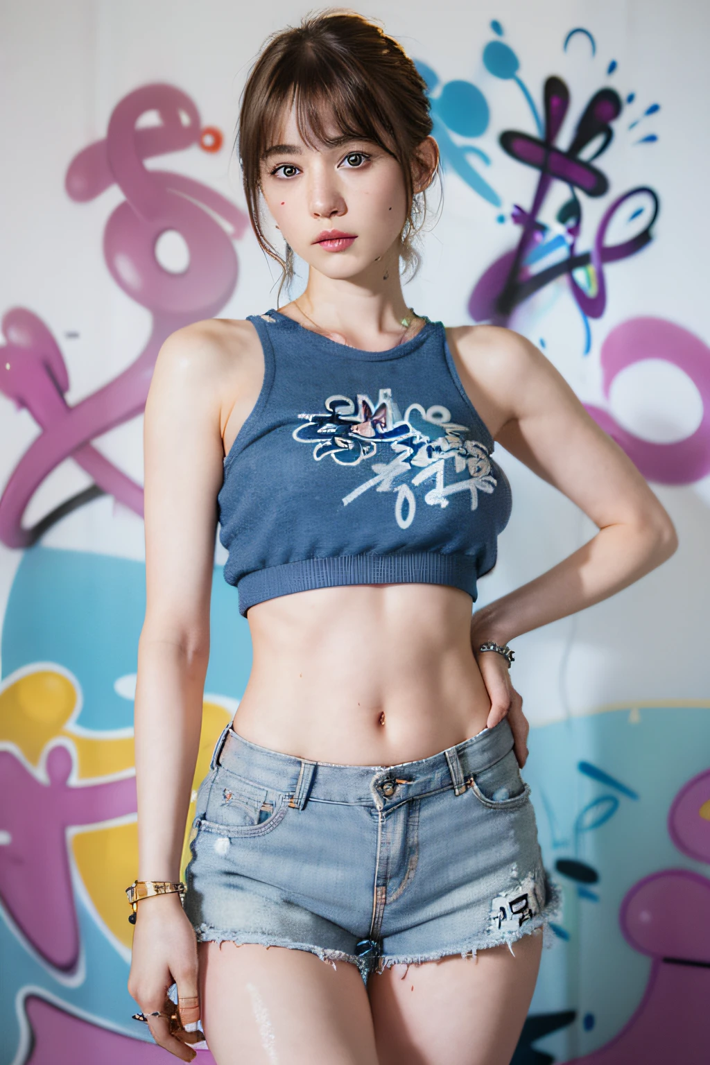 1girl in、独奏、Parted lips、(a navel)、(legwear very)、street、hands on own breasts、see the beholder、realisitic、PA Real, masutepiece, Best Quality, ((Lauren Gray, Olivia Dunn's face)) 1girl in, 独奏、 (Graffiti:1.5), Paint Splatter, Inside the city, A bracelet, Thigh strap, tilt of the head, Gold Hair, Gray-blue eyes of the iris, 8K resolution, intricate clothing, Intricate details,short-hair、Tank Tops、shortpants、slenderbody、Protruding buttocks、turned around、Tea Bag、