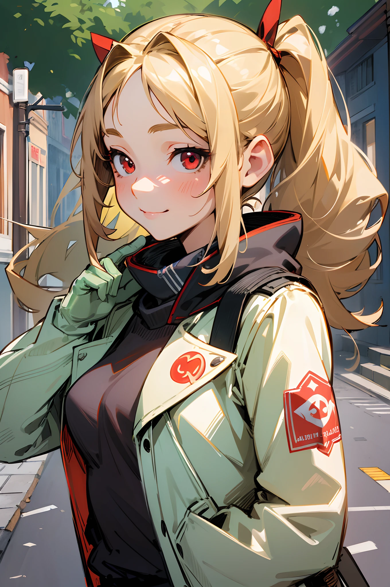 (Best Quality, Ultra-detailed, Realistic), A girl full of vitality、female high-school student、small tits、Rider's jacket、blondehair、Red eyes、poneyTail、gloves、Cheerful smile、Stand in front of a street tree