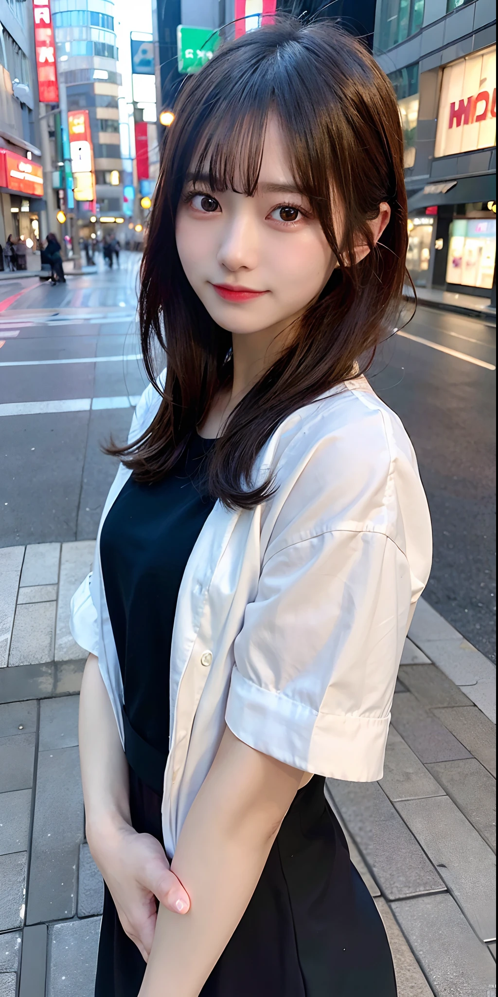 top-quality、masterpiece、ighly detailed、hight resolution、8K、超A high resolution、detailed shadow、A hyper-realistic、1人、Tokyo Street、natta、A city scape、city light、The upper part of the body、a closeup、a smile、、(8k、RAW Photography、top-quality、masterpiece:1.2)、(realisitic、photoRealstic:1.37)