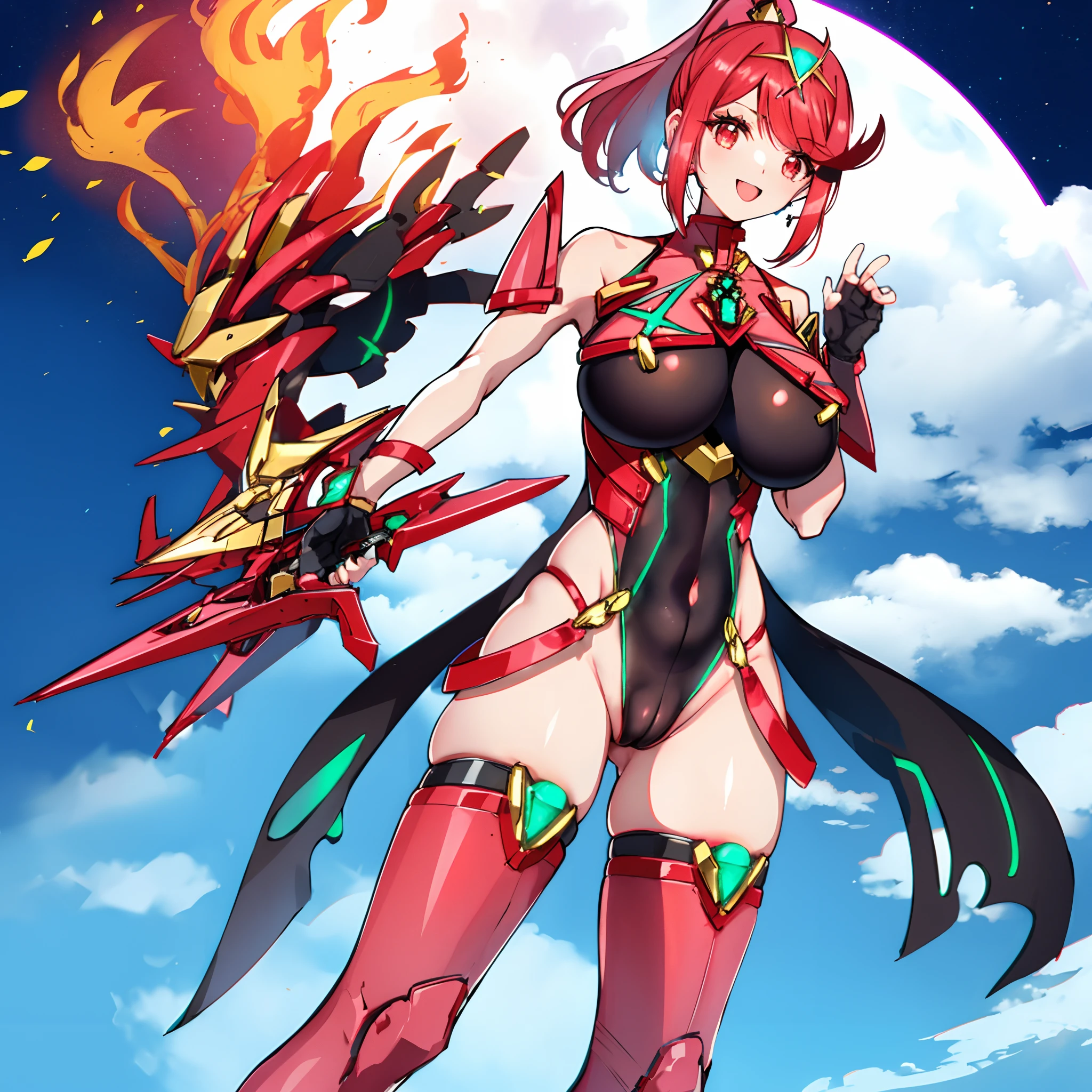 pyra \(xenoblade\), _1girl, lolibangs, black gloves, breasts, red eyes, shout, earrings, eyelashes, fingerless gloves, floating hair, , gem, gloves, hair ornament, headpiece, jewelry, big_breasts, leaning back, swimsuit, neon trim, official art, pose, red hair, saitou masatsugu, short hair, sidelocks, skin tight, solo, swept bangs, thighhighs, tiara, fantasy_town_background, underbust, xenoblade chronicles \(series\), (xenoblade chronicles 2), (spread_legs:1.1), fire_effect,dynamic_pose,fighting,light_smile, (plump:1.1), big_ass,huge_sword, hold_large_sword_hilt, covered_nipples, covered_pussy,back_view, fists,ponytail,beautiful_fingers,(solo:1.1), bare_shoulder,(shoulder_naked:1.2)