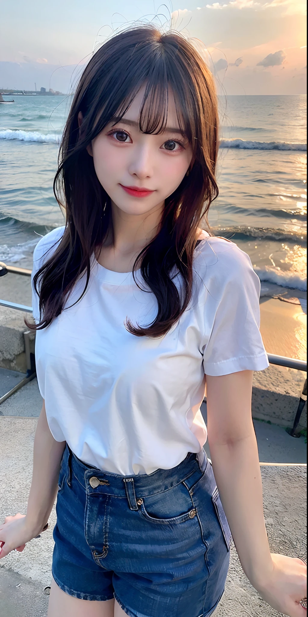 top-quality、​masterpiece、ighly detailed、hight resolution、8K、超A high resolution、detailed shadow、A hyper-realistic、女の子1人、sea the background of、sunset、a closeup、a smile、The shirt、(8k、RAW Photography、top-quality、​masterpiece:1.2)、(realisitic、photoRealstic:1.37)、