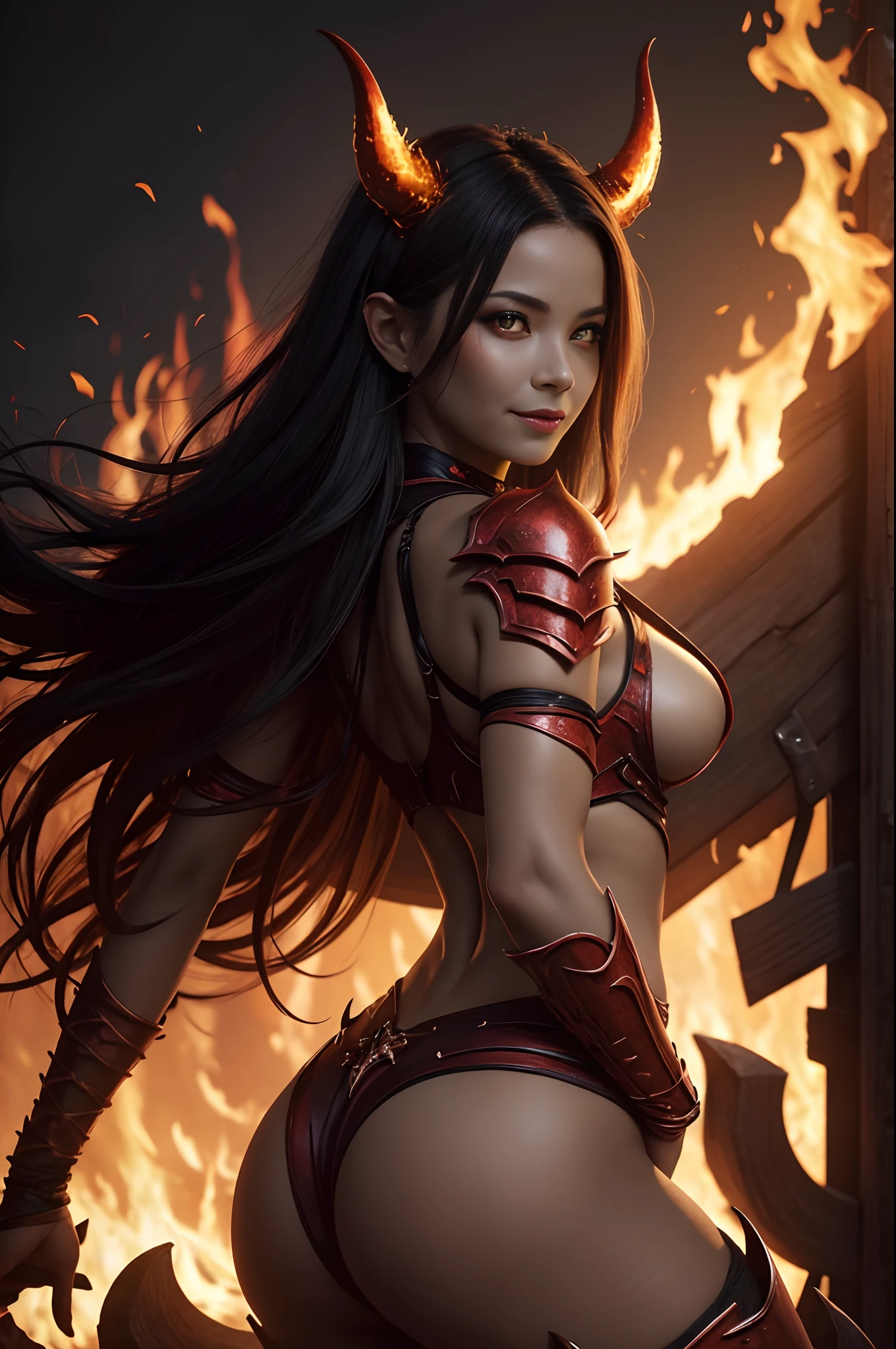 Beautiful mature female demon, horns, tail, cruel smile, red skin, sexy fetish armor, wreathed in fire, (fiery eyes:1.2), temptation, taking your soul, hellscape background, tortured souls, hordes of hell in the distance, (masterpiece), (photorealistic:1.4), RAW photo, best quality, high res, rich colors, backlight, bright sunlight, cinematic lighting, film grain, raw photo, 50mm lens, Nikon D850, warm colors