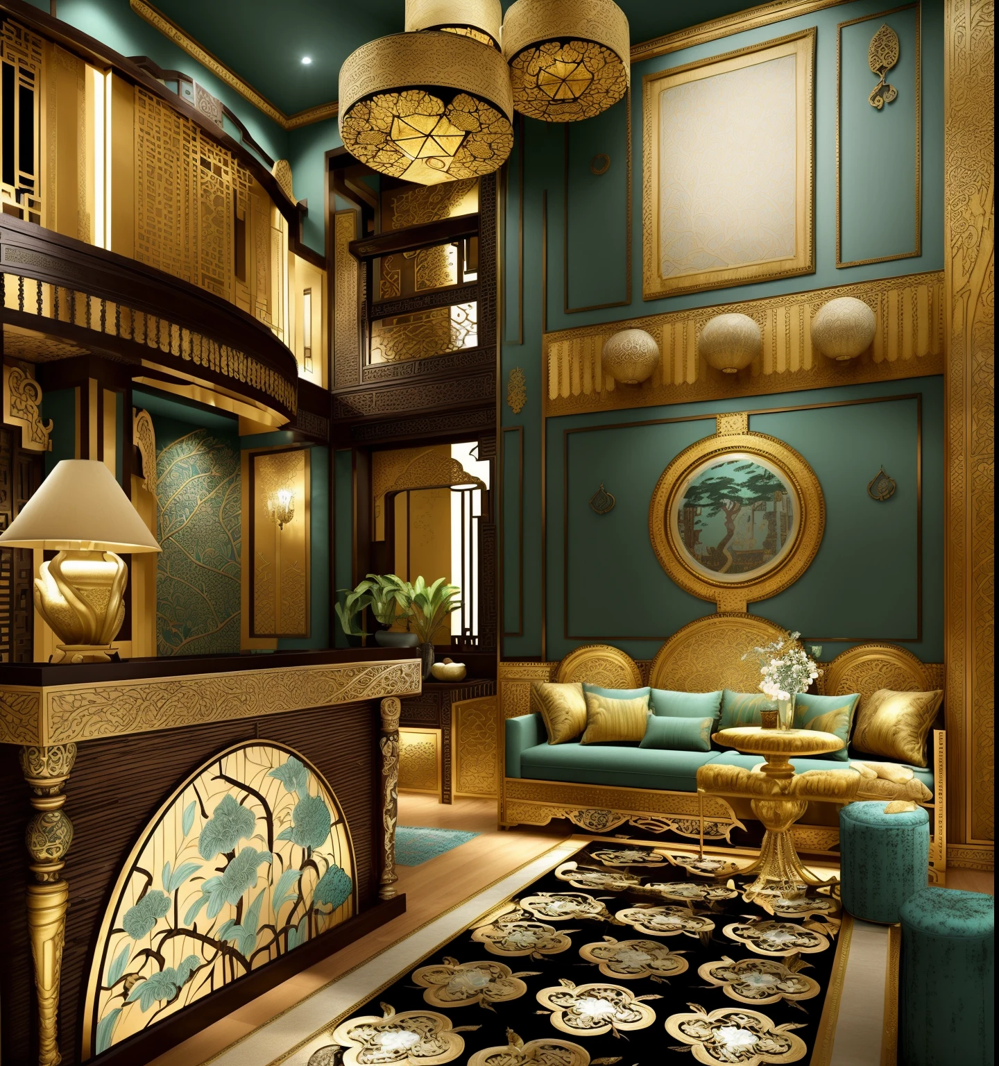 Please generate an exquisite and highly detailed image of an Indochine-style multi-story villa living room. The room should feature luxurious black wood furniture, prominently displayed wall art or stone cladding with standout patterns, elegant LED and chandelier lighting, an impressive deep teal velvet or silk sofa, and harmonious wall paint and curtain colors that enhance the interior. Additionally, include a TV mounted on the wall. Emphasize the richness of the Indochine style, with intricate details on the dark wood furniture, the grandeur of the chandelier lighting, and the overall opulent ambiance of the space. Create an image that exudes opulence, comfort, and a perfect harmony of elements, making it a standout representation of the Indochine aesthetic