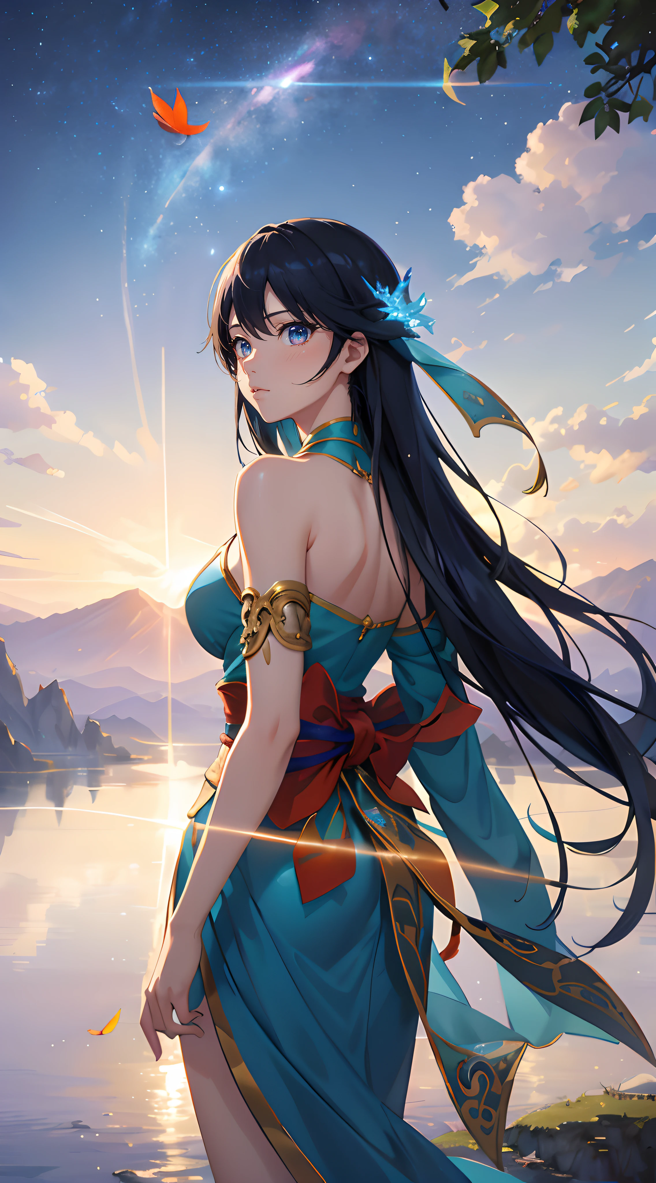 ancient fantasy world, a sunset above mountain range in the background masterpiece, tall cliff, rule of third, human walking back with wand gun (human walking back :1.2), beautiful art uhd 4k, 4k hd wallpaper very detailed, extraordinary colorful landscape, 4k highly detailed digital art, landscape wallpaper, scenic colorful environment, fantastic landscape, 8k high quality detailed art, majestic nature scenery, detailed painting 4k, epic beautiful landscape, natural landscape beauty, Landscape, lots of glow particle, fireflies, very many lots of fireflies, makoto shinkai cyril rolando, kimi no nawa meteor, anime art wallpaper 8k, Top quality masterpiece, deep focus, macro shot, lots lamp, falling leaf, glowing light, object, color combination masterpiece, glowing light, dark, reflection, beautiful anime scene, japanese concept landscape art, volumetric lighting, bokeh, anime beautiful peace scene, pure lanscape, 8k beautiful anime, intricate, elegant, point of interest photography, anime (masterpiece, lighting, finely detailed), colorful sky, ray of light, rule of third, colorful landscape, (dew, water : 0.2), Fog, Colorful Natural Lighting Masterpiece, ( all nature element is glowing light : 1.2), Lens Flare Masterpiece,