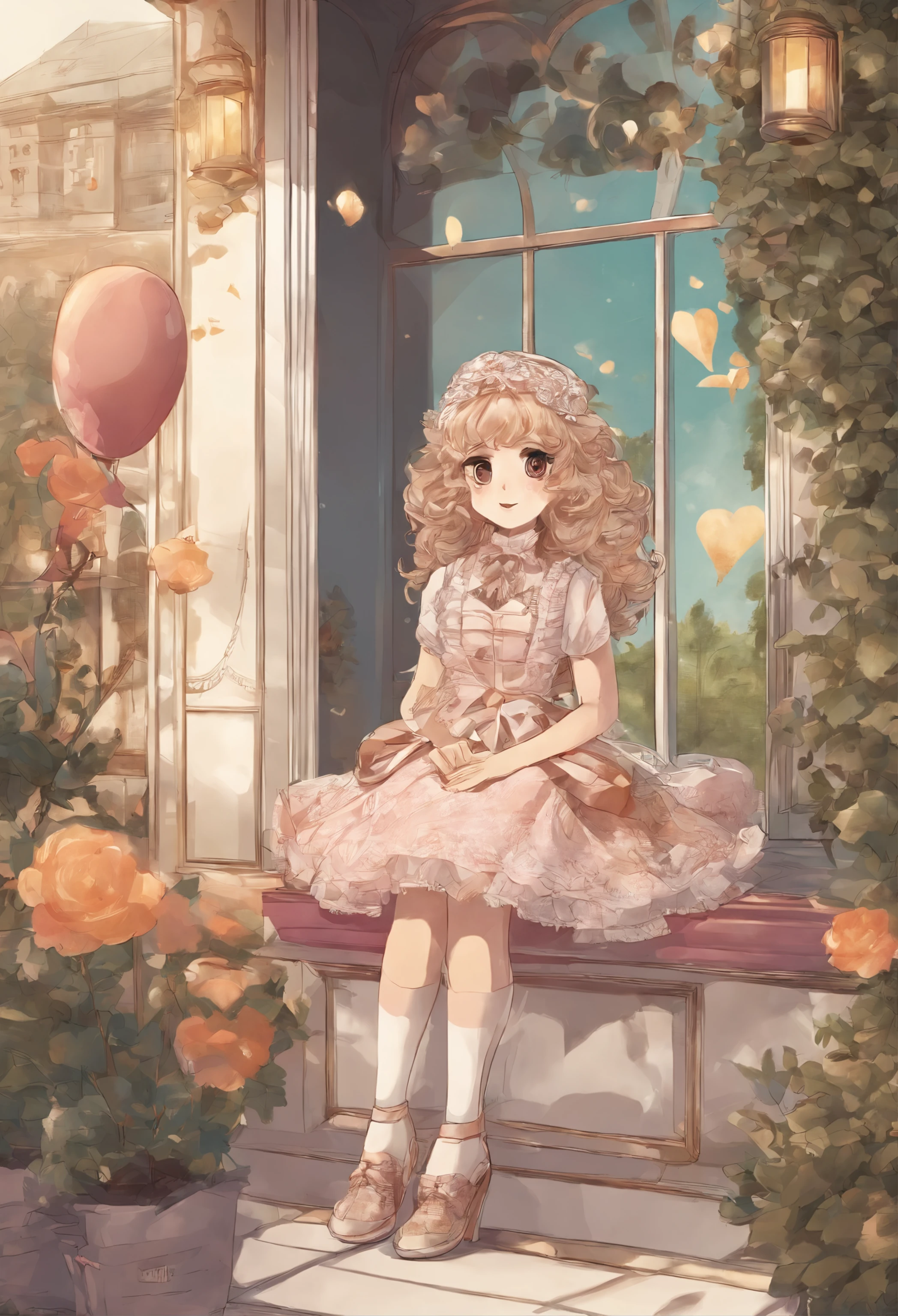 Curly-haired girl sitting in shop window,Wearing a Lolita dress,Delicate face,alice in the wonderland,Lolita style,(tmasterpiece,Best quality), made with illustrator, Colorful illustration, cute illustration, Cute detailed digital art, adorable digital art, A beautiful artwork illustration, lovely art style, Soft anime illustration, Anime style illustration, cute artwork, cute colorful adorable, Colorful bubbles,balloon,Star jewelry,Light,high detailed official artwork,Beautiful anime art, Anime fantasy illustration,, Soft light,(warm color:1.2),watercolor paiting, Light background, best quality exquisite details,3D rendering of,rendering by octane