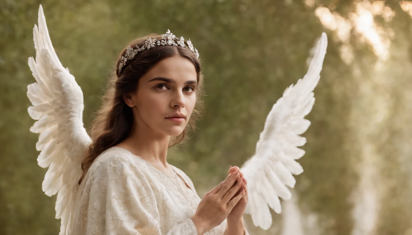 nossa senhora, uma menina jovem, along with her is the angel Gabriel , um homem de vestes brancas irradiando luz. arte sacra