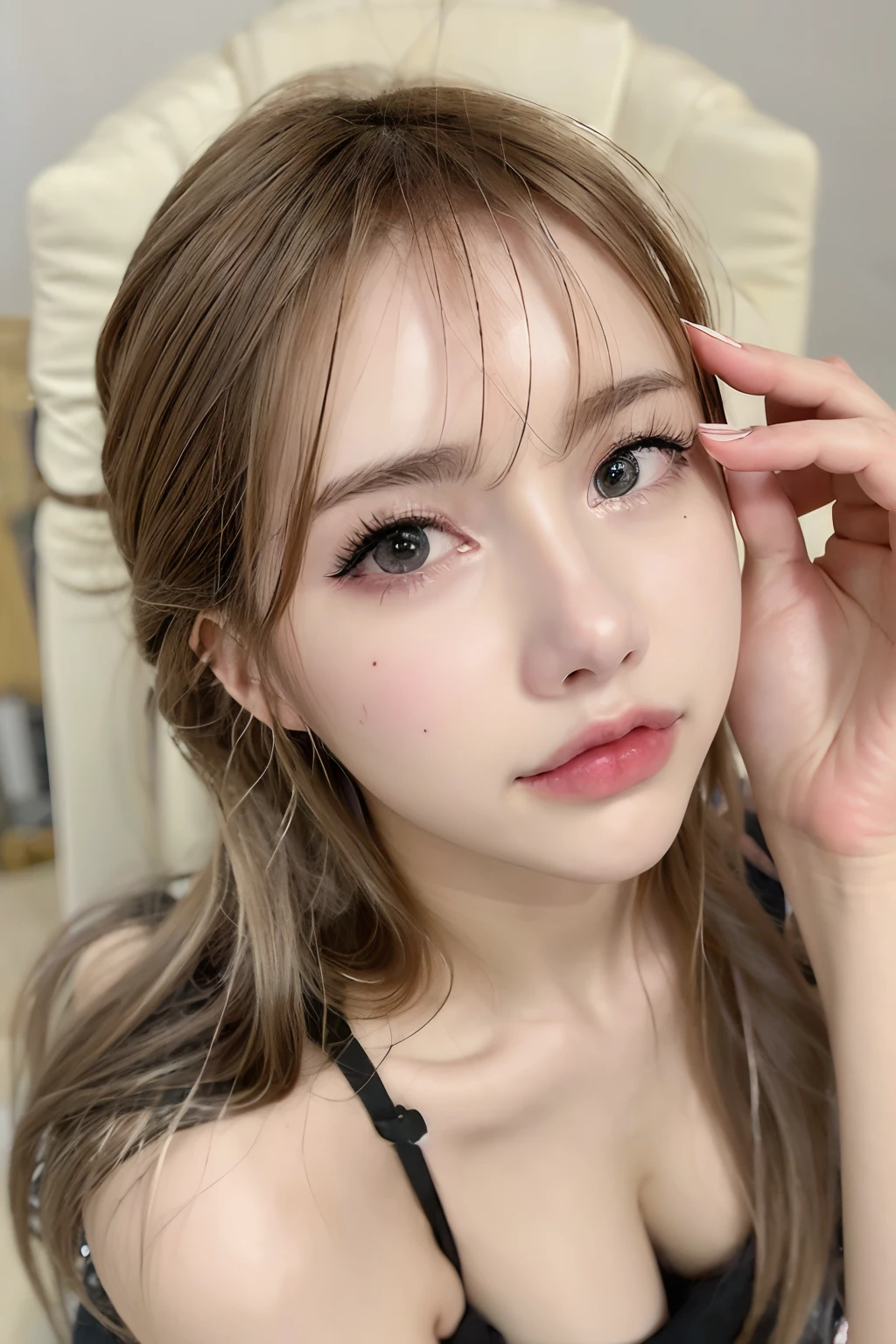 (realistic, photo-realistic:1.37),(8k, RAW photo, best quality, masterpiece:1.2), cute, ultra-detailed,heart-shaped pupils,physically-based rendering, ultra high res, kodakvision color, shot on Arricam LT Camera, bokeh, sharp focus,
looking at viewer,photorealistic,realistic, solo, photorealistic, best quality,extremely detailed face,extremely detailed eyes and face, beautiful detailed eyes,absurdres, incredibly absurdres,haunting smile,Messy hair, floating hair, mole under left eyes,