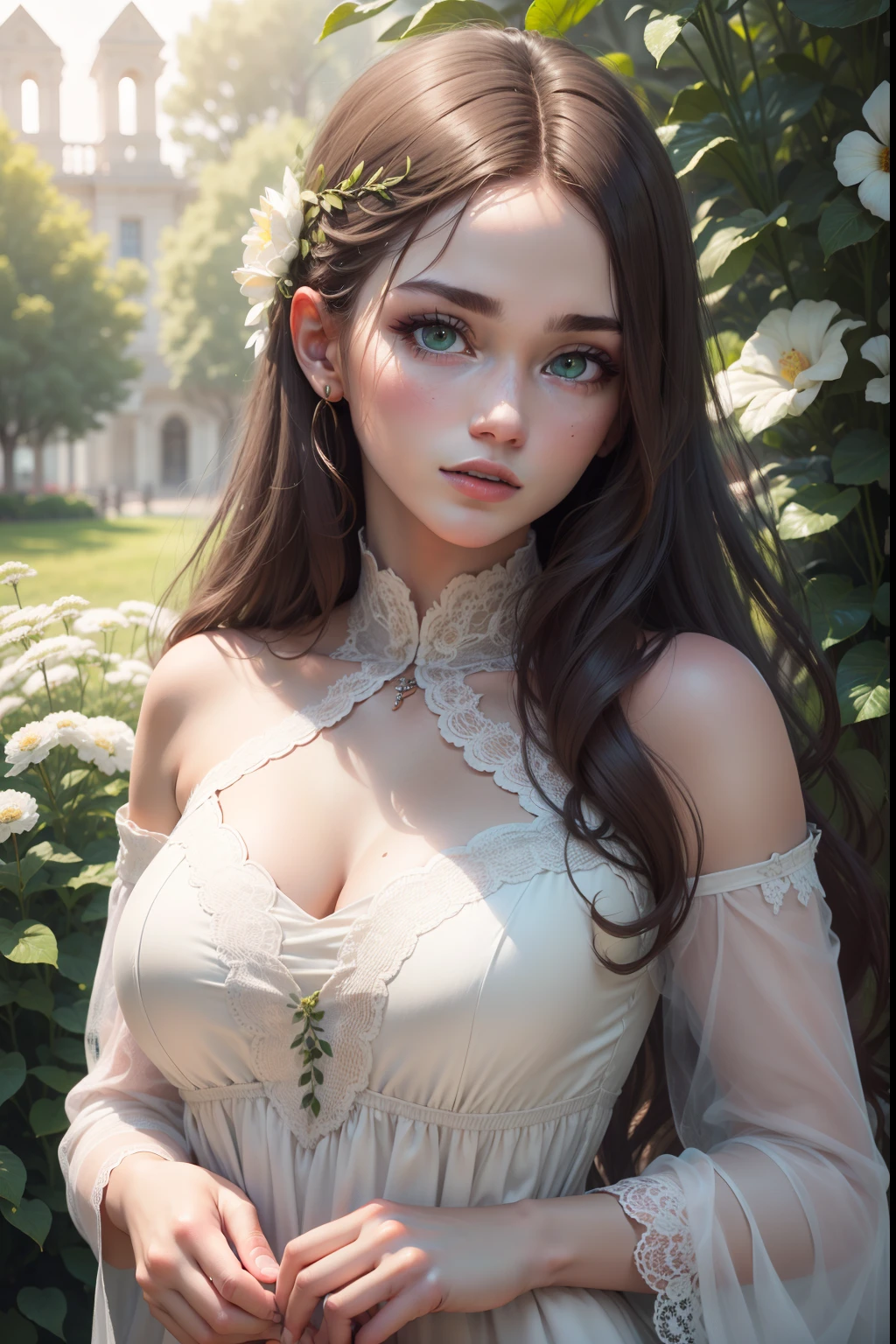 (best quality,4k,8k,highres,masterpiece:1.2),ultra-detailed,realistic,beautiful detailed eyes,beautiful detailed lips,extremely detailed eyes and face,longeyelashes,1girl,Turkish girl,white dress,brown hair,green eyes,soft sunlight,flower garden background,lush greenery,natural light,portrait photography