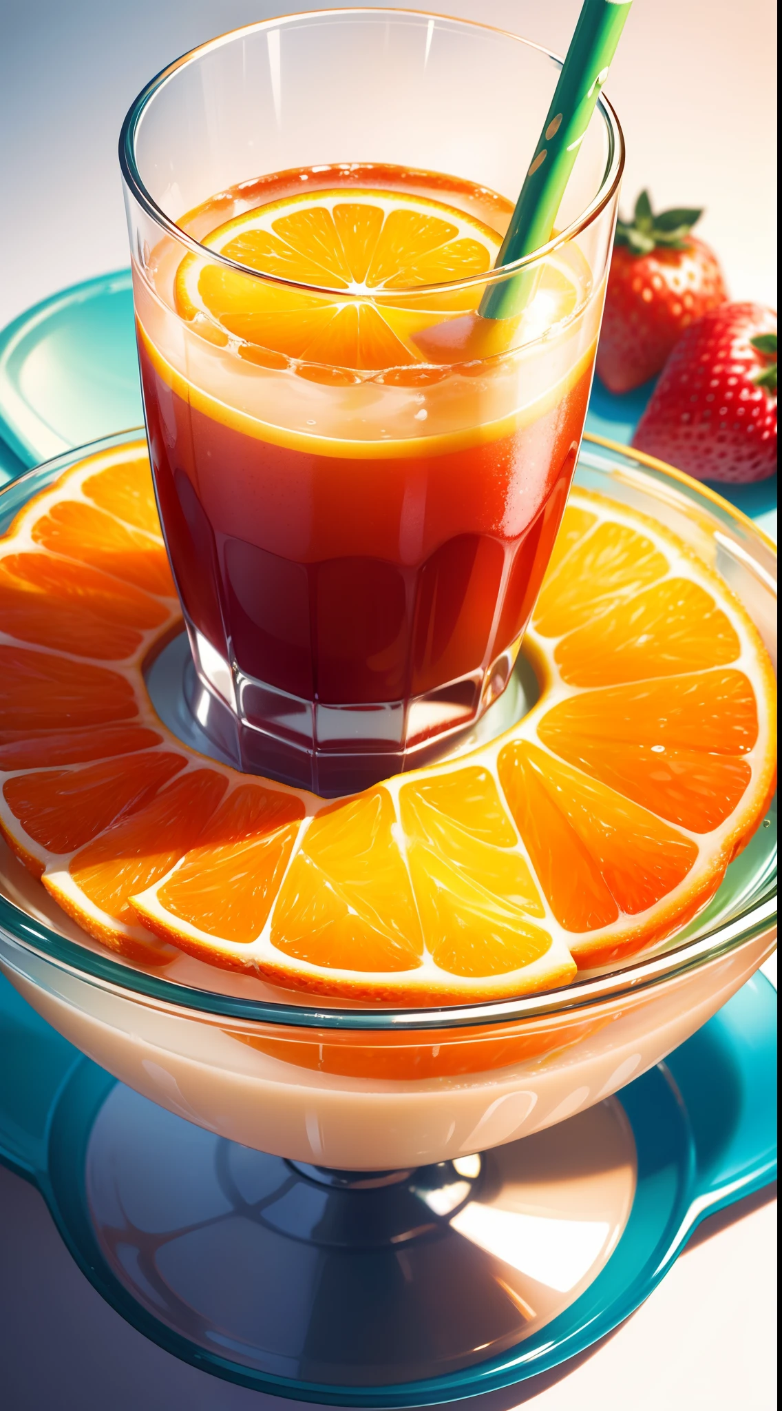 The photo shows a large glass filled with fresh fruit juice, The juice is characterized by brightness, bright colors, Like a bright red, Light orange and crisp green, The juice flows gently from the cup, Give an impression of freshness and vitality, Pieces of fresh fruit are present in the juice, Like orange slices, strawberry, and berries, These pieces add an aesthetic and delicious touch to the image, Make the juice look more seductive, The cup is placed on a pure white background, Highlight the juice and make it stand out more, The picture is taken from a perfect angle that shows the beauty of the juice and makes the viewer feel like tasting it, The picture reflects freshness, Vitality and natural juice, With an emphasis on fresh fruits and bright colors, The photo aims to whet the appetite and highlight the beauty that can be a refreshing fruit juice, 8k, Quilty Altitude, Realistic, Beautiful realism, outstanding detail, RAW photo, Realistic juice, Light and cool lighting, realistic photo, Cel shaded, Gel lighting, ultra-detail