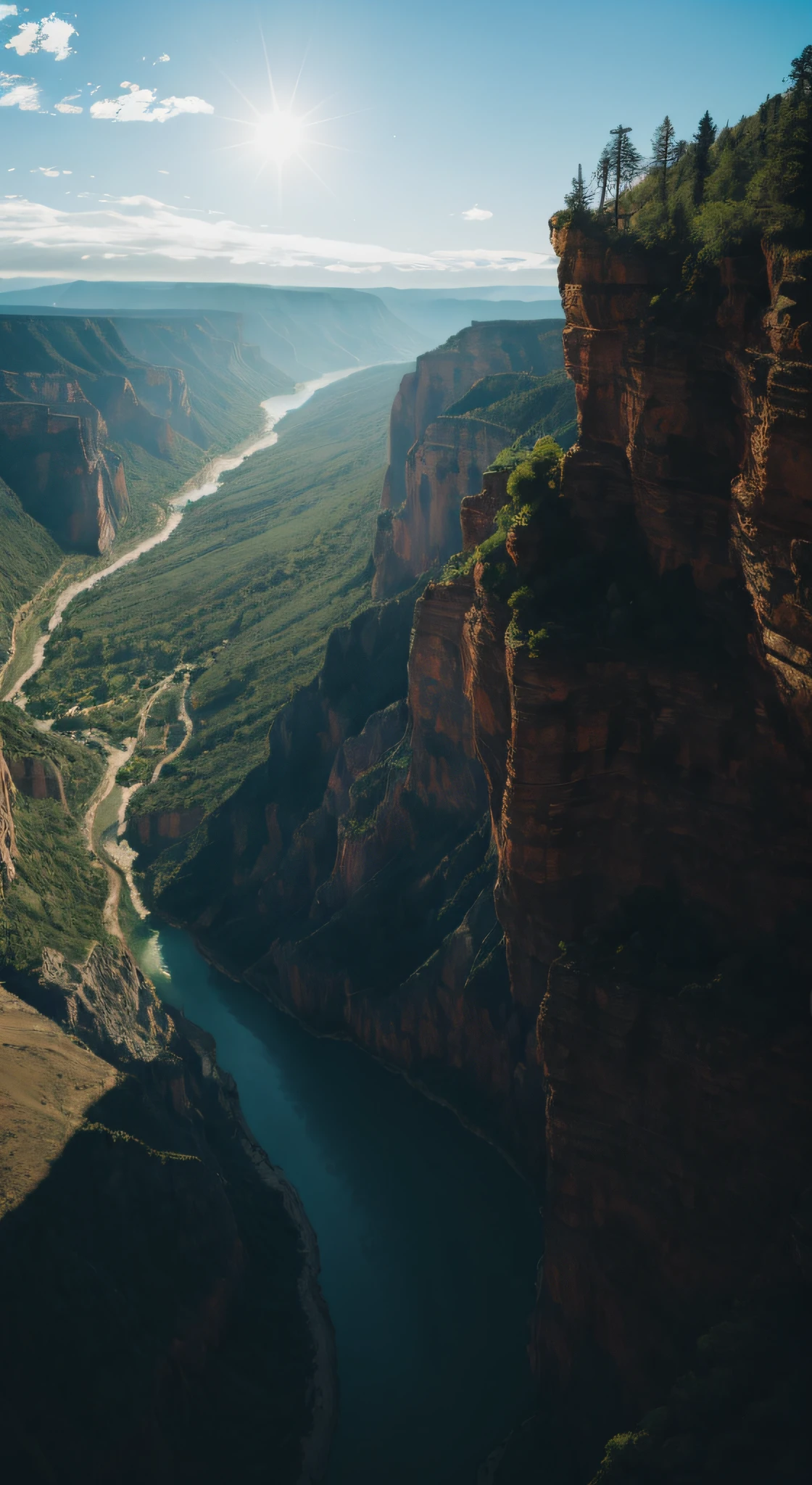there is a view of a valley from a high cliff, top of a canyon, gorge in the mountain, mountains and rivers, huge chasm, in between a gorge, beautiful natural rim light, canyon background, canyon, looking down a cliff, massive river, detailed scenic view, cliffside, “ aerial view of a mountain, dangerous cliffside