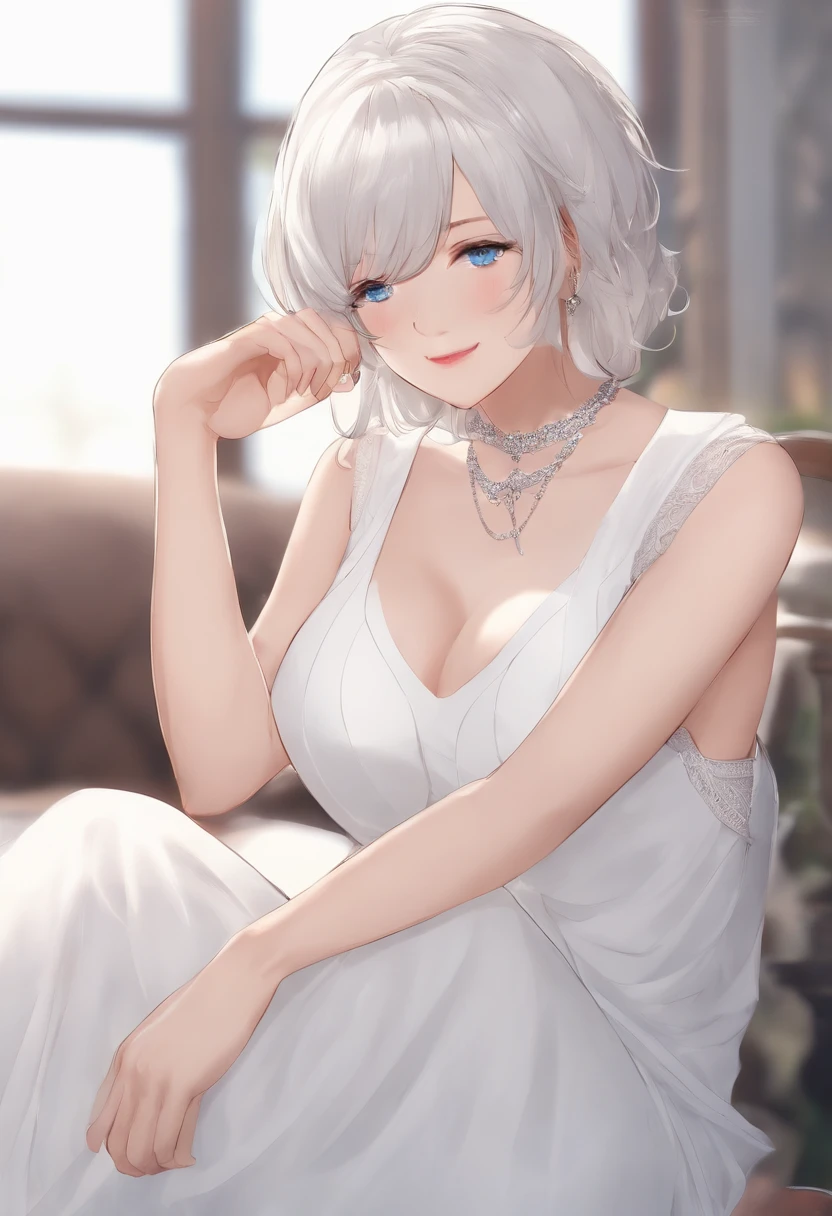 1girll, Bethel, Blue eyes, Bare shoulders, Breasts, Medium breasts, Short hair, White hair, hair on one eye, bangs, mitts, Sleeveless, Solo, shirt, Fingerless gloves, White shirt, Sleeveless shirt, arms back behind, cropped shoulders, Horns, Smile, (Masterpiece), (Best quality), (Ultra detailed), Indoors, Simple background, Blue flowers,