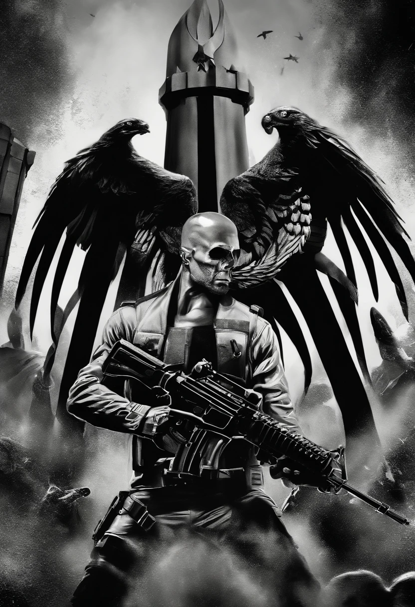 Um Policial com o rosto super detalhado de caveira sinistra, com os olhos super detalhados e sinistros, com um sorriso super detalhado e sinistro，With two daggers in his hands，Special Forces style, estilo assassino, Com um rifre de assalt fusil nas costas, Facing a super detailed penitentiary and catching fire, sinister and burning penitentiary, Penitentiary door similar to hell's gate, Credo dos Assassinos. Make sure there is no noise and that the lines are thick and sharp like contour art, (((pose interagindo e se apoiando [em uma objeto|em algo no ambiente]))), foco em um quadro vertical da imagem."((corpo inteiro):1.5). 16k, UHD, best possible quality, ((best possible detail):1), best possible resolution, Motor Unreal 5, fotografia profissional, perfeito_Hands, (perfeito:1.2)