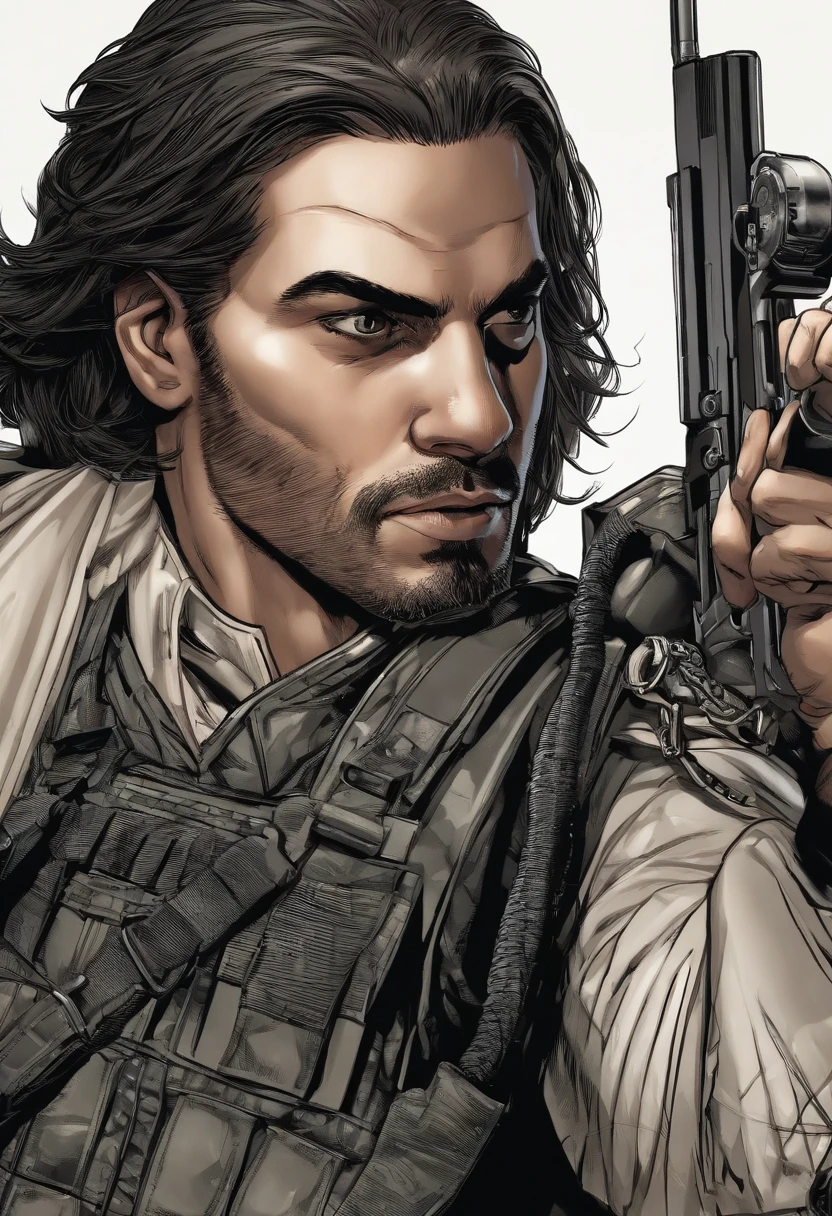 Um Policial com o rosto super detalhado de caveira sinistra, com os olhos super detalhados e sinistros, com um sorriso super detalhado e sinistro，With two daggers in his hands，Special Forces style, estilo assassino, Com um rifre de assalt fusil nas costas, Facing a super detailed penitentiary and catching fire, sinister and burning penitentiary, Penitentiary door similar to hell's gate, Credo dos Assassinos. Make sure there is no noise and that the lines are thick and sharp like contour art, (((pose interagindo e se apoiando [em uma objeto|em algo no ambiente]))), foco em um quadro vertical da imagem."((corpo inteiro):1.5). 16k, UHD, best possible quality, ((best possible detail):1), best possible resolution, Motor Unreal 5, fotografia profissional, perfeito_Hands, (perfeito:1.2)