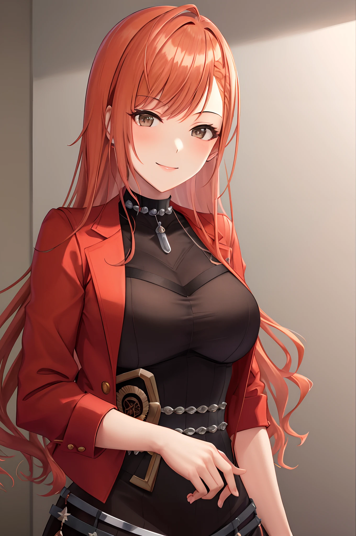 masterpiece, best quality, arisugawa natusha, 1girl, solo, standing, smile, bangs, indoors, long hair, orange hair, looking at viewer, red jacket, black dress, medium breasts, upper body, portrait, cowboy shot