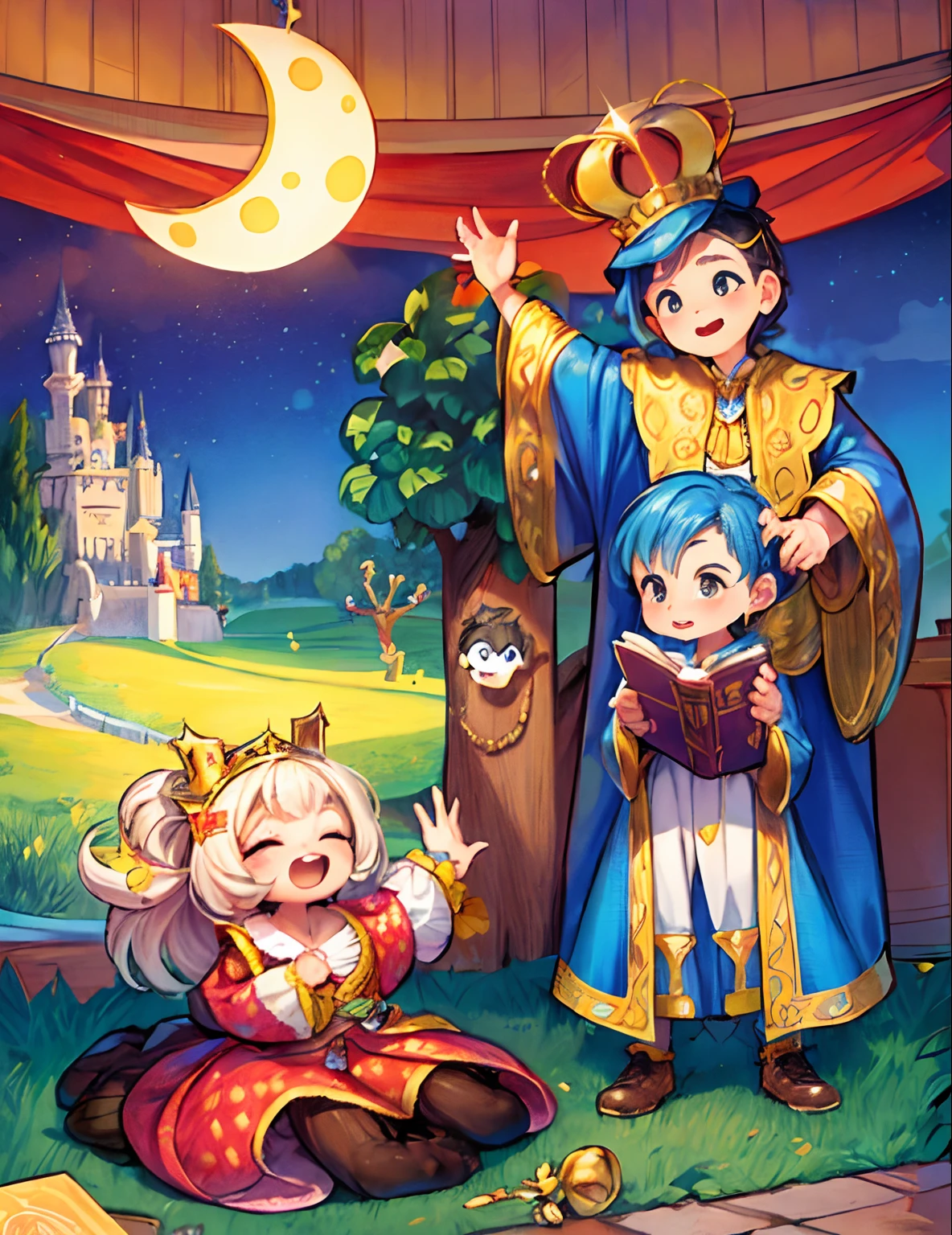 Hay una caricatura de un hombre y una mujer en un castillo, colorful kids book illustration, story book illustration, A storybook illustration, story book illustration, kids book illustration, kids book illustration, kids book illustration, kids book illustration, kids book illustration, storybook illustation, kids book illustration, Full color illustration, Celebrando a un rey siendo coronado
